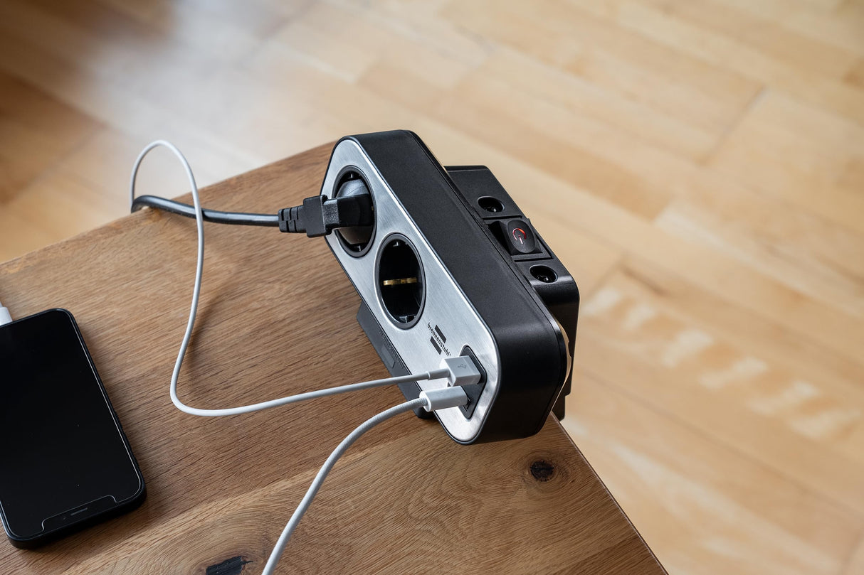 Brennenstuhl Regleta de sobremesa dúplex con Interruptor y protección contra sobretensiones (Regleta Enchufes con USB C Power Delivery, 1x USB C y 1x USB A, 9X enchufes, 2m) Plata/Negro