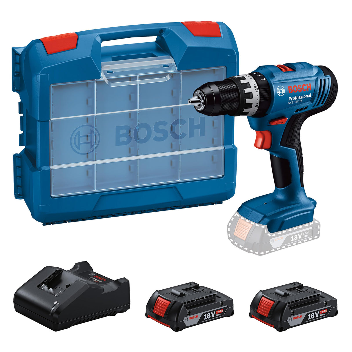 Bosch Professional 18V System Taladro Percutor a Batería GSB 18V-25 (Ø máx. del tornillo 10 mm, incl. 2 GBA 2.0Ah, GAL 18V-20, set de accesorios de 63 piezas, L-Case Pick & Click)