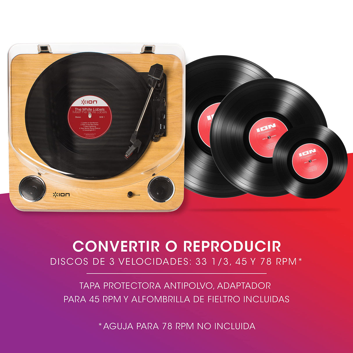 ION Audio Max LP - Reproductor de discos de vinilo Bluetooth con altavoces integrados y USB, color madera