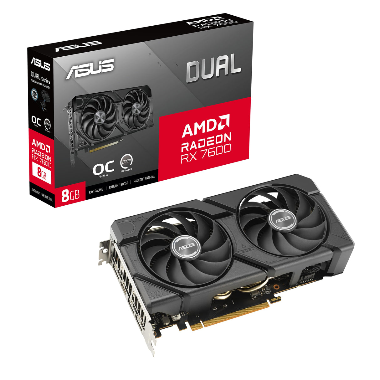 ASUS Dual Radeon RX 7600 EVO OC Edition - Tarjeta gráfica para Videojuegos (AMD Radeon RX7600, PCIe 4.0, 1 HDMI 2.1, 3 DisplayPort 1.4a, DUAL-RX7600-O8G-EVO)