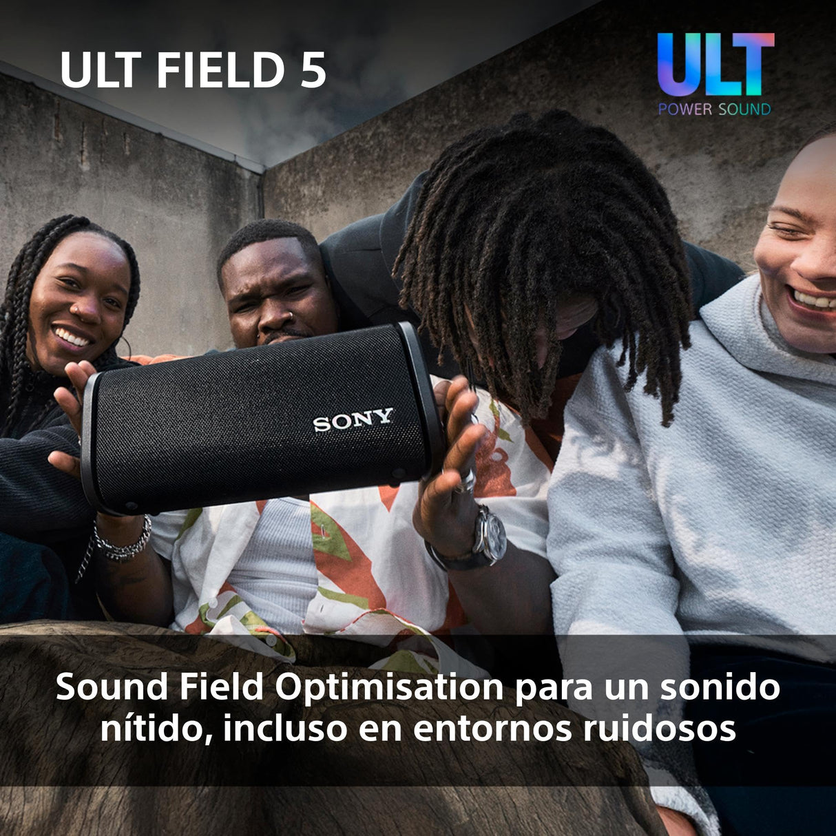 Sony ULT Field 5, Altavoz portátil Bluetooth Potente, 25 H de batería, 2 Modos ULT Power Sound, Resistente al Agua y al Polvo, 360 Luces, Correa Extraible para el Hombro, Compacto, Negro