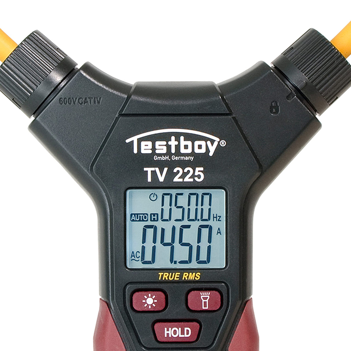 Pinza amperimétrica flexible Testboy TV 225 (medición de corriente hasta 3000 A AC, iluminación LED del punto de medición, medición sin contacto, método de medición T-RMS), rojo/negro