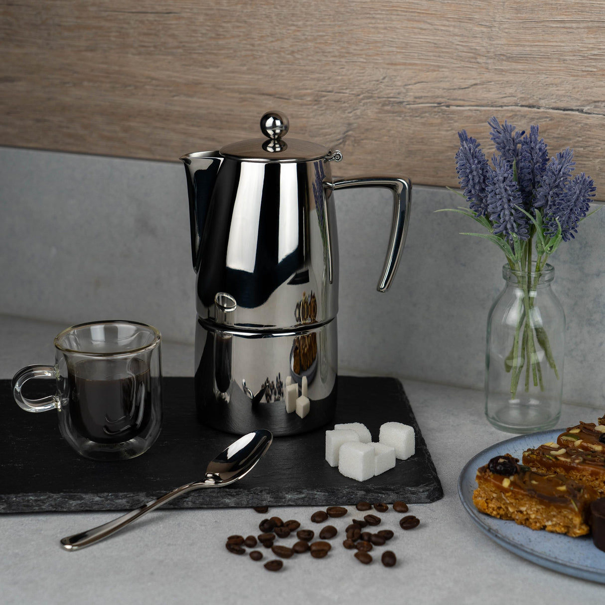 Café Stål DEC-04M Art Deco 18/10 Cafetera espresso de acero inoxidable con asas huecas de tacto frío, espejo, 4 tazas, pulido de alto brillo