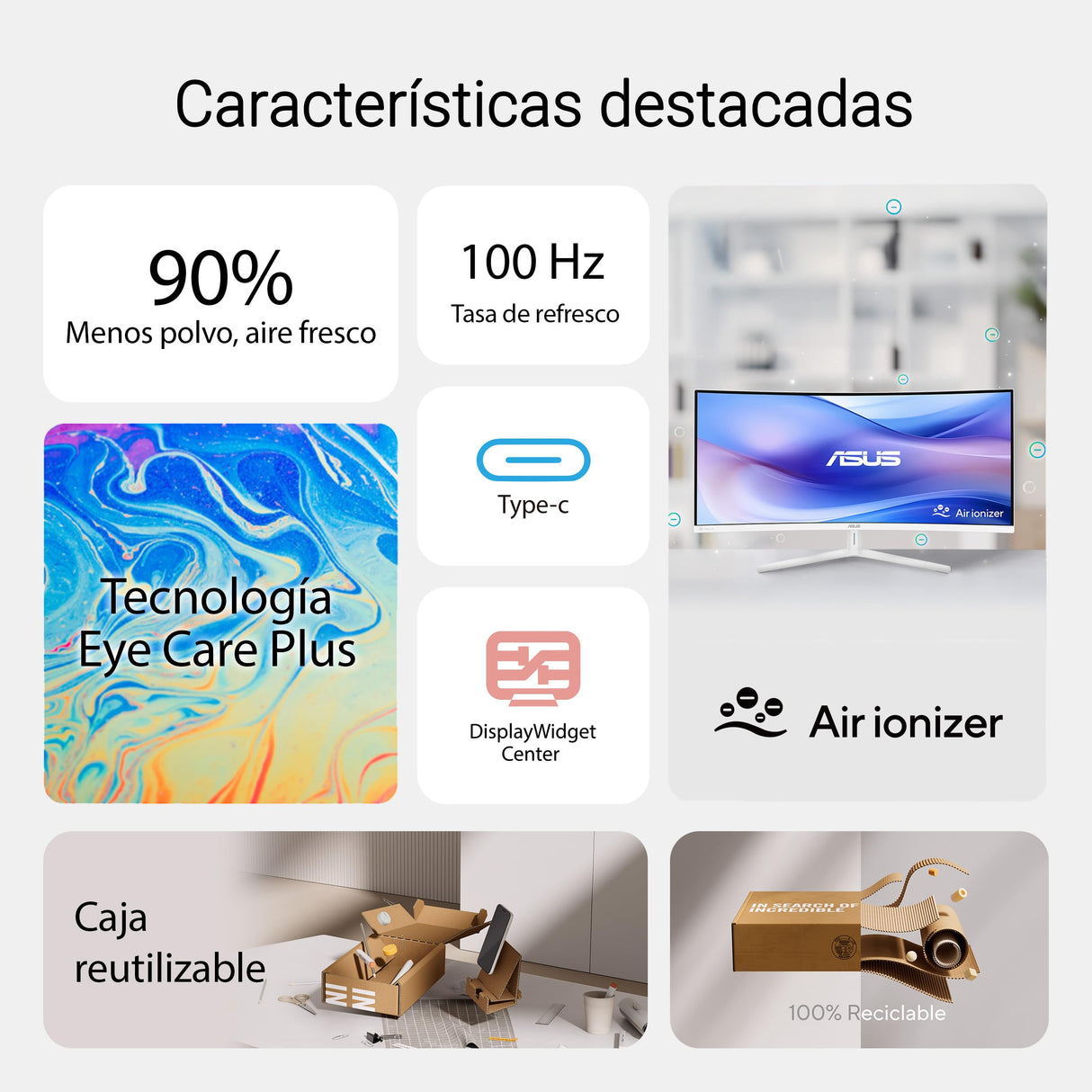 ASUS VU249HFI-W Monitor Eye Care de 24 Pulgadas, 23.8 Pulgadas visibles, Full HD 1920 x 1080, IPS, 100Hz, SmoothMotion, Adaptive Sync, ionizador de Aire, tecnología Eye Care Plus, Filtro de luz Azul