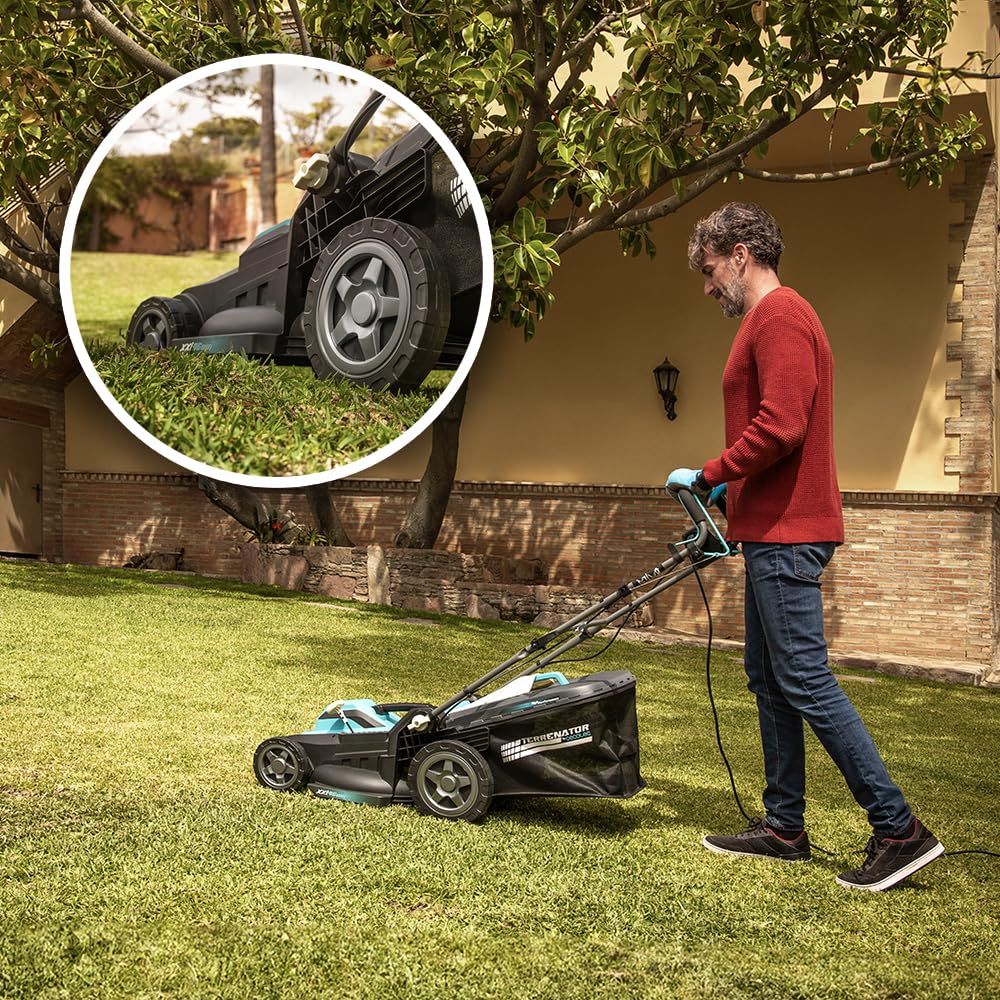 Cecotec Cortacésped de Cable Terrenator 460 Flex Z Auto. 2000W, Ancho de Corte 46cm, Propulsión Automática, Cambio Altura Sistema Z-Tech, 4in1 con Mulching, Ruedas Traseras XL, Tecnología BeltDrive