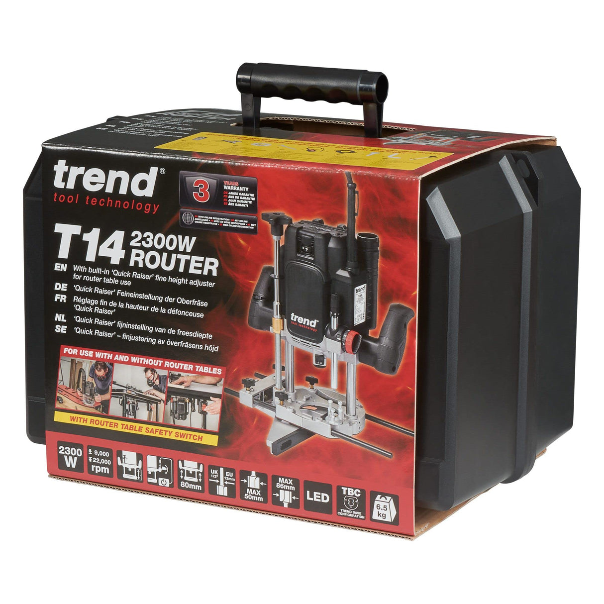 Trend T14EK 2300W 12mm Fresadora de taller de velocidad variable 230V EU, profundidad de entrada de 80 mm, perfecto para uso manual y de mesa fresadora, T14EK/EURO
