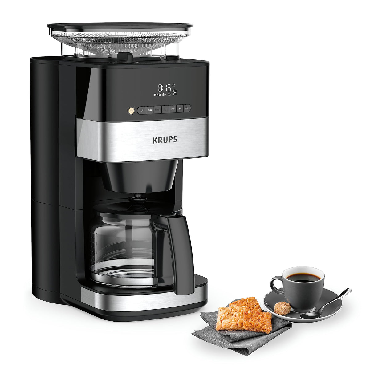 Krups Grind and Brew KM8328 cafetera de filtro con molinillo, 1.25 L, 10 - 15 tazas, cafetera automática, molinillo cónico, café en grano, café molido, panel de control digital LED