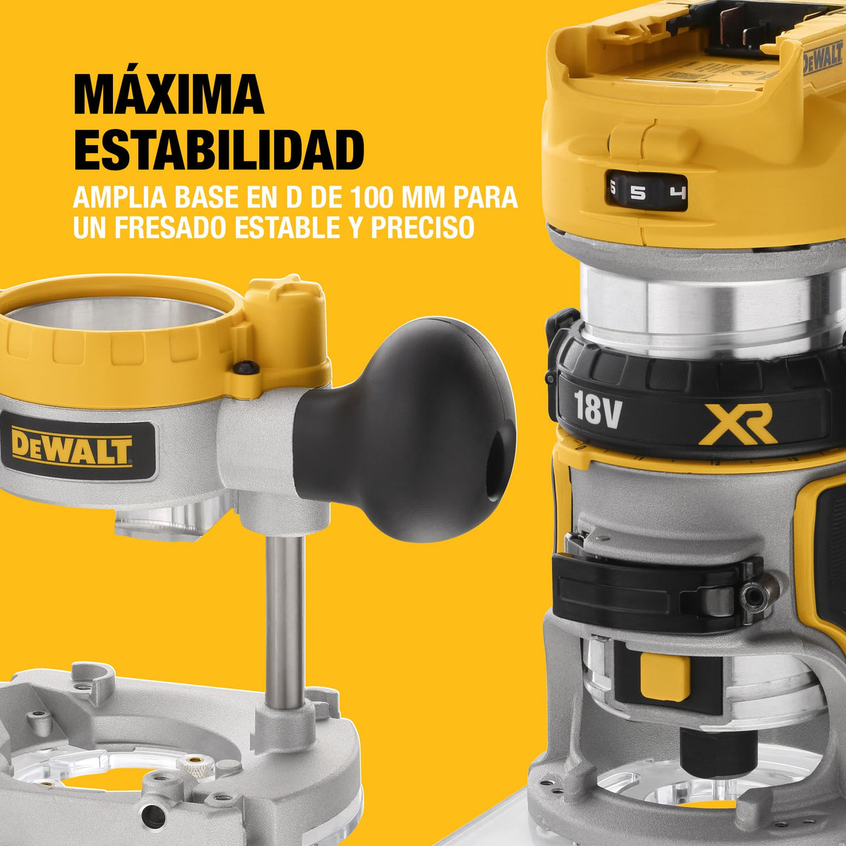 DEWALT Fresadora compacta XR 18V, motor sin escobillas, 1/4'' (8 mm), No incluye batería ni cargador, DCW604NT-XJ