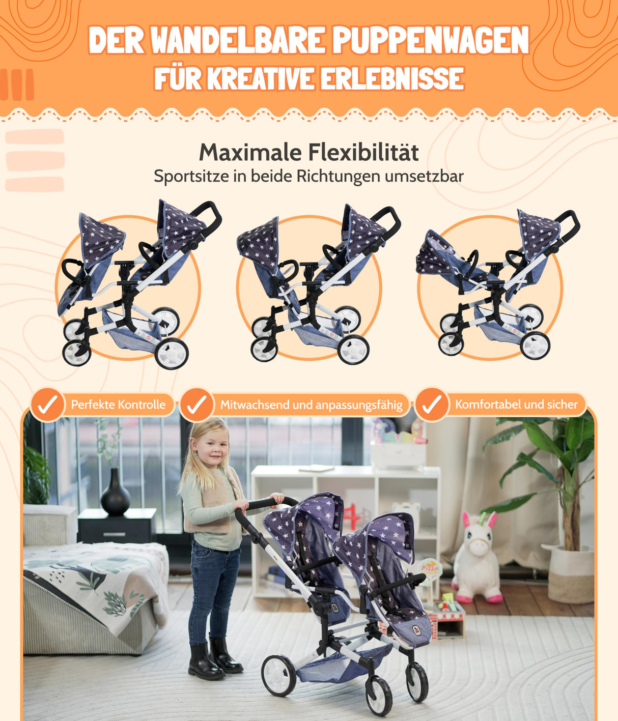 Bayer Chic 2000 - Cochecito de muñecas Linus Duo, Carrito de muñecas Gemelos para niños de 4 a 8 años, Melange Gris Oscuro, Menta, 690-67