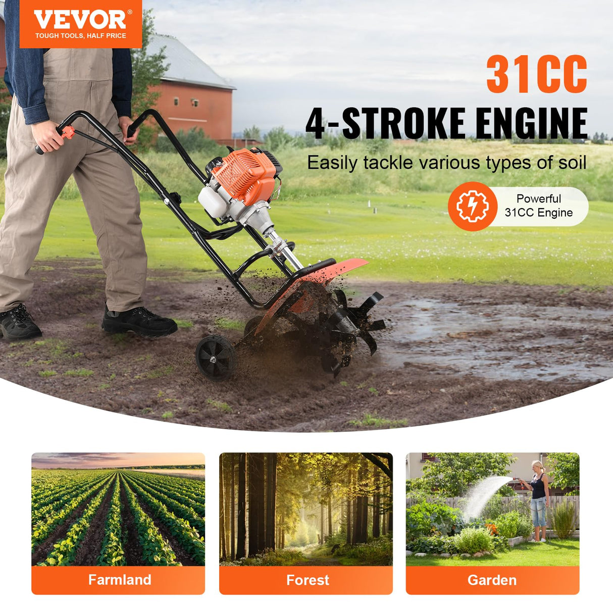 VEVOR Motocultor Térmico con Motor de Gasolina de 4 Tiempos de 31 CC con 4 Dientes Delanteros de Acero Ajustables Ruedas Grandes Cultivador de Suelo de Fácil Instalación para Jardines de Huertos
