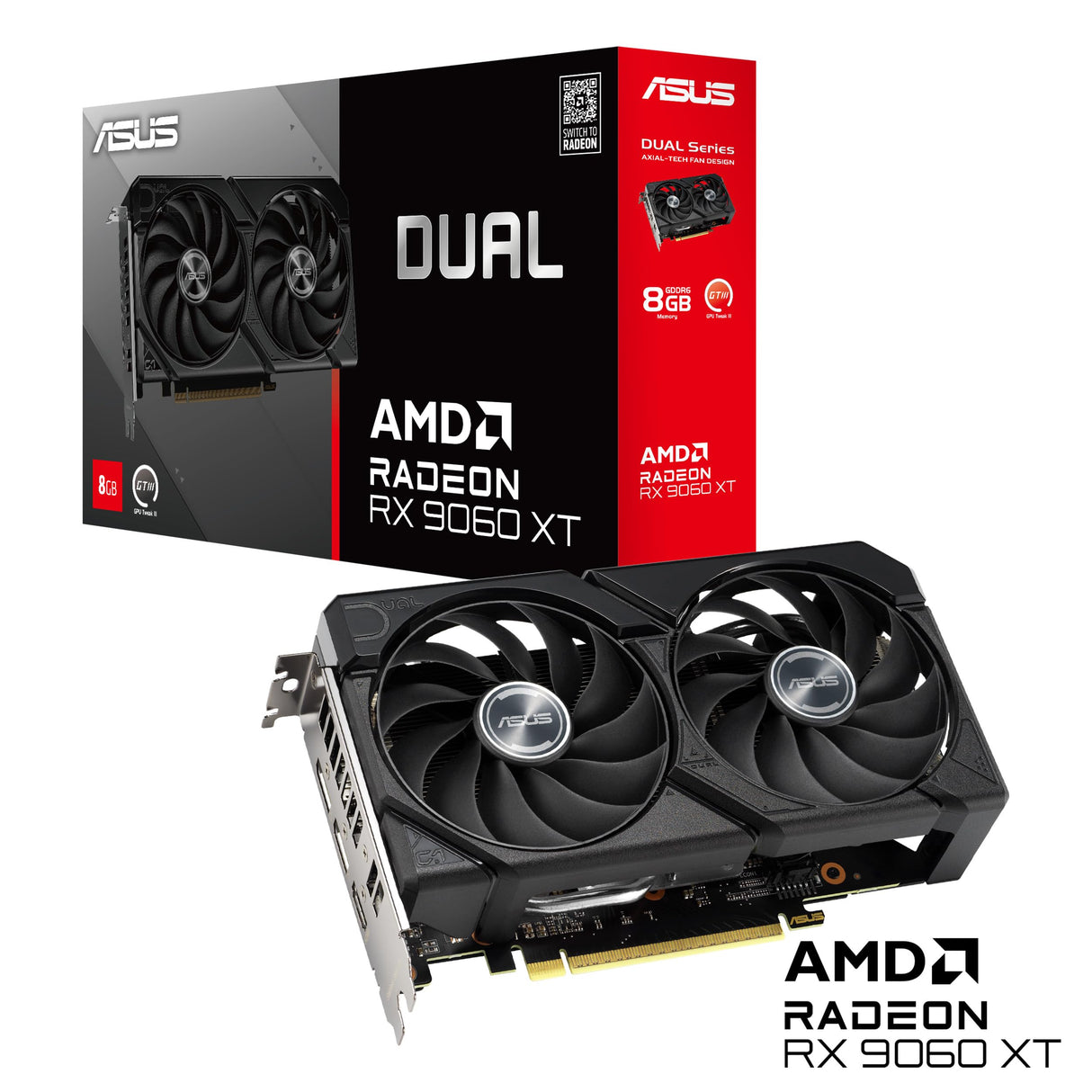 ASUS Dual Radeon RX 9060 XT 8 GB GDDR6, Tarjeta gráfica, PCIe 5.0, HDMI 2.1b, DisplayPort 2.1a, diseño de 2.5 Ranuras, diseño de Ventilador Axial-Tech, tecnología 0dB