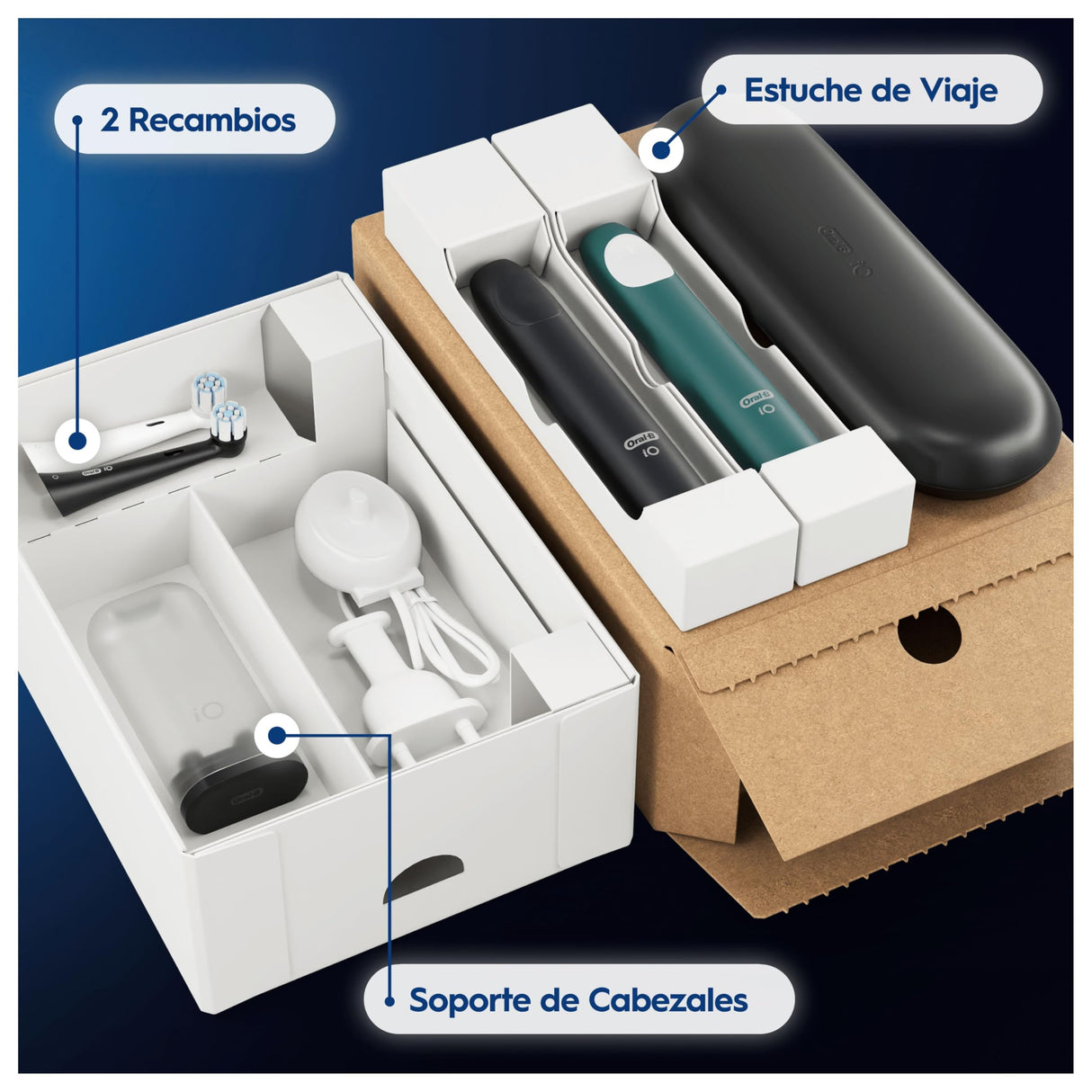 Oral-B iO 2 Pack de 2 Cepillos de Dientes Eléctricos Negro Noche y Verde Bosque, 2 Cabezales, 1 Estuche de Viaje, 1 Portarrecambios, 3 Modos De Cepillado, Sensor De Presión y Temporizador