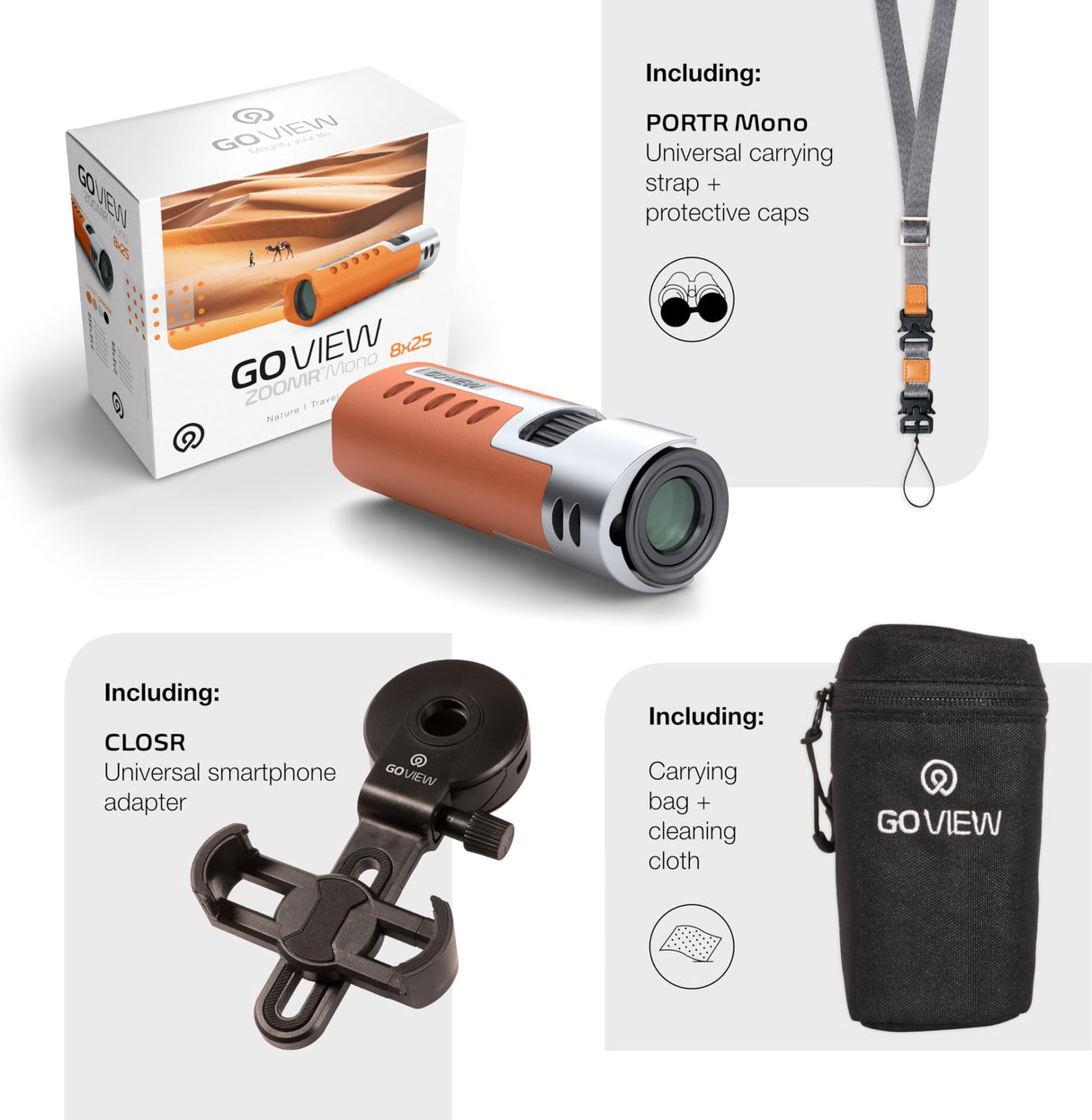 GoView ZOOMR HD Mono 8x25 monocular Compacto de Alta definición, Mini telescopio (Zoom de 8 aumentos, Carcasa de magnesio, Incluye Adaptador para Smartphone y Accesorios) Miami Azul