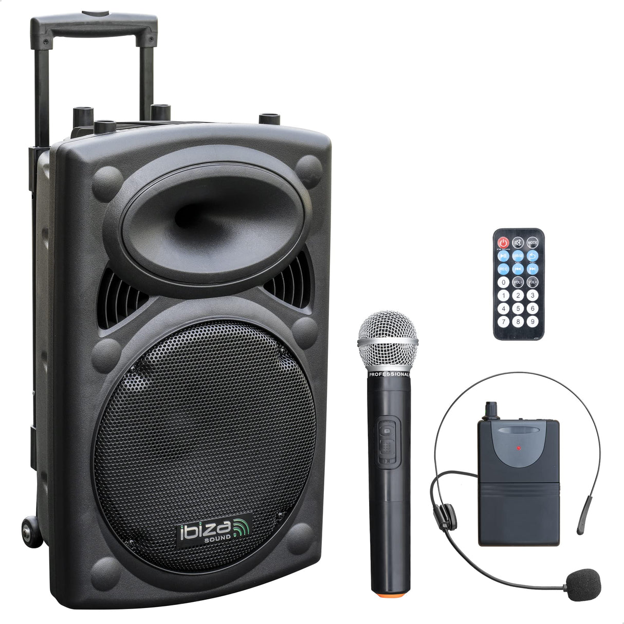 Ibiza - PORT12VHF-BT - Altavoz portátil 12"/700W MAX con 2 micrófonos (VHF), mando a distancia y funda protectora - Bluetooth, USB, SD - Autonomía de 5 a 7h - Speaker Box