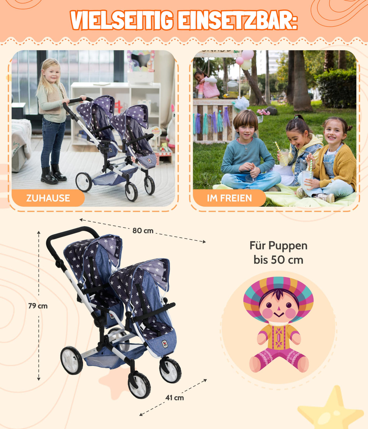 Bayer Chic 2000 - Cochecito para muñecas Linus Duo para niños de 4 a 8 años, Color Gris Vaquero, 690-76