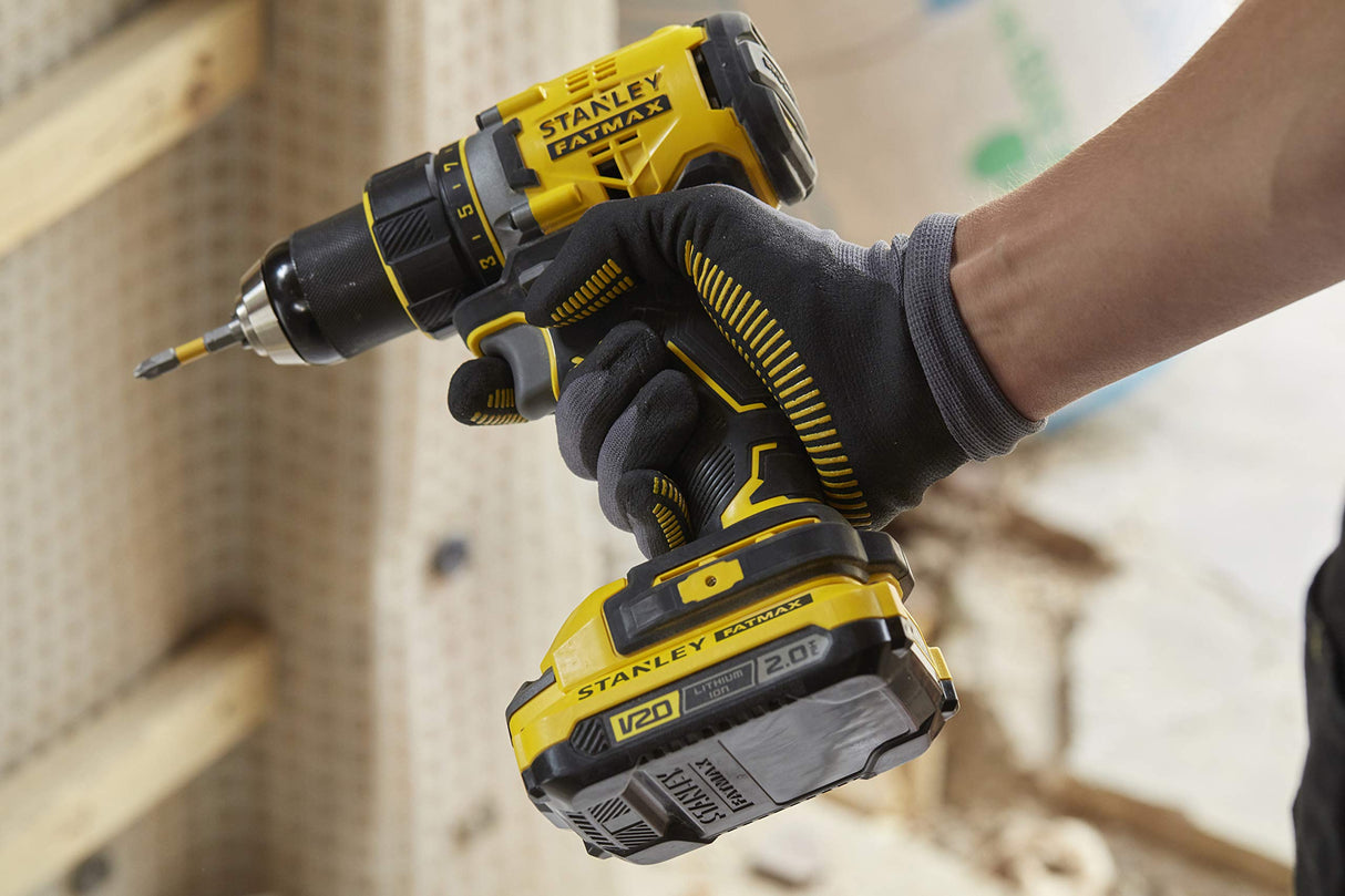 STANLEY FATMAX Taladro Atornillador V20 Litio 18V, Motor sin escobilla, Velocidad hasta 2100 rpm, Par máximo 80Nm, 1 Maletín, 2 Baterías 2Ah, 1 Cargador, Portabrocas 13mm, SFMCD720D2K-QW