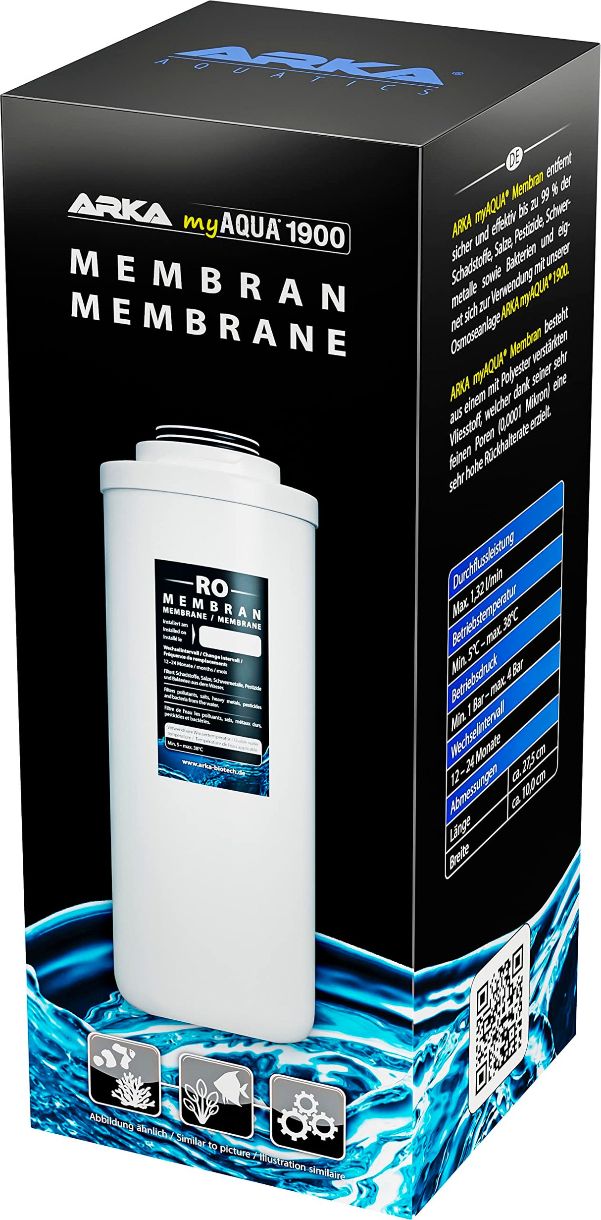 ARKA myAQUA 1900 Membrana - Filtro de Alto Rendimiento, Elimina hasta el 99% de Todos los contaminantes y bacterias del Agua, Esencial para el Agua de ósmosis Pura