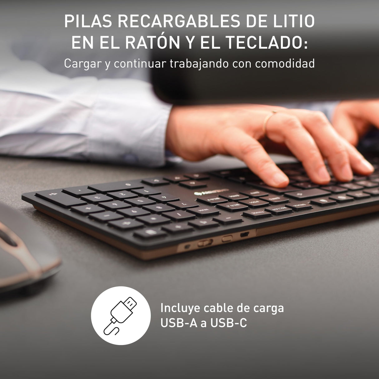 CHERRY DW 9100 SLIM, Pack de Teclado y Ratón Inalámbricos, Distribución de Teclado Inglés UK (QWERTY), Bluetooth y Radiofrecuencia de 2,4 GHz, Teclas Silenciosas, Recargable, Negro/Bronce