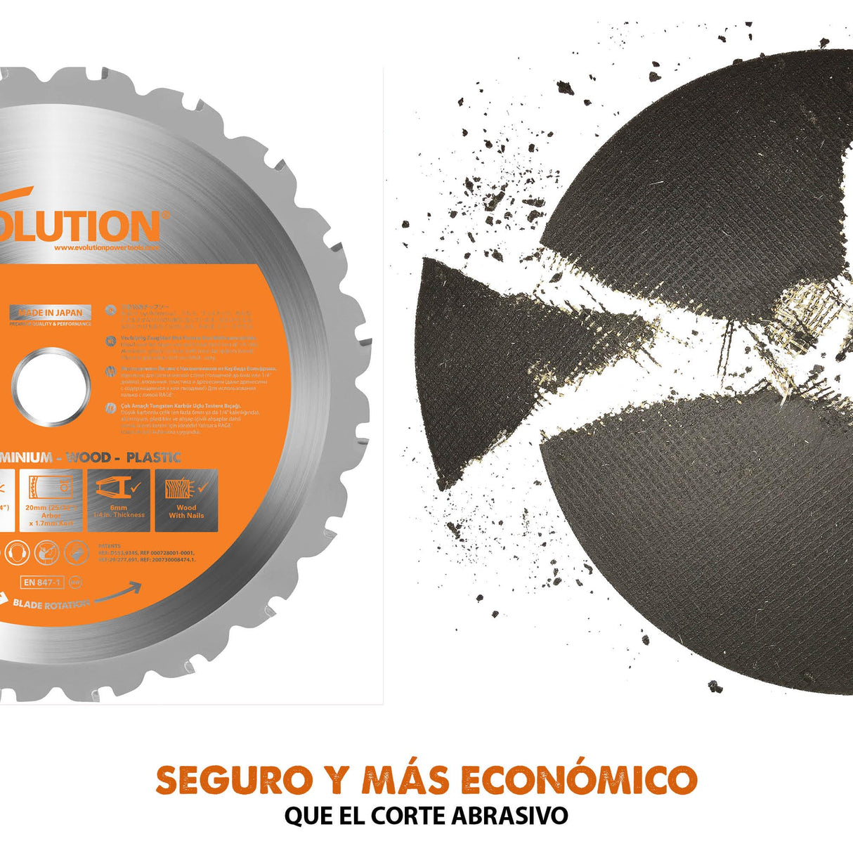 Evolution - Sierra tronzadora multimaterial Rage 4, corta madera, metal y plástico,