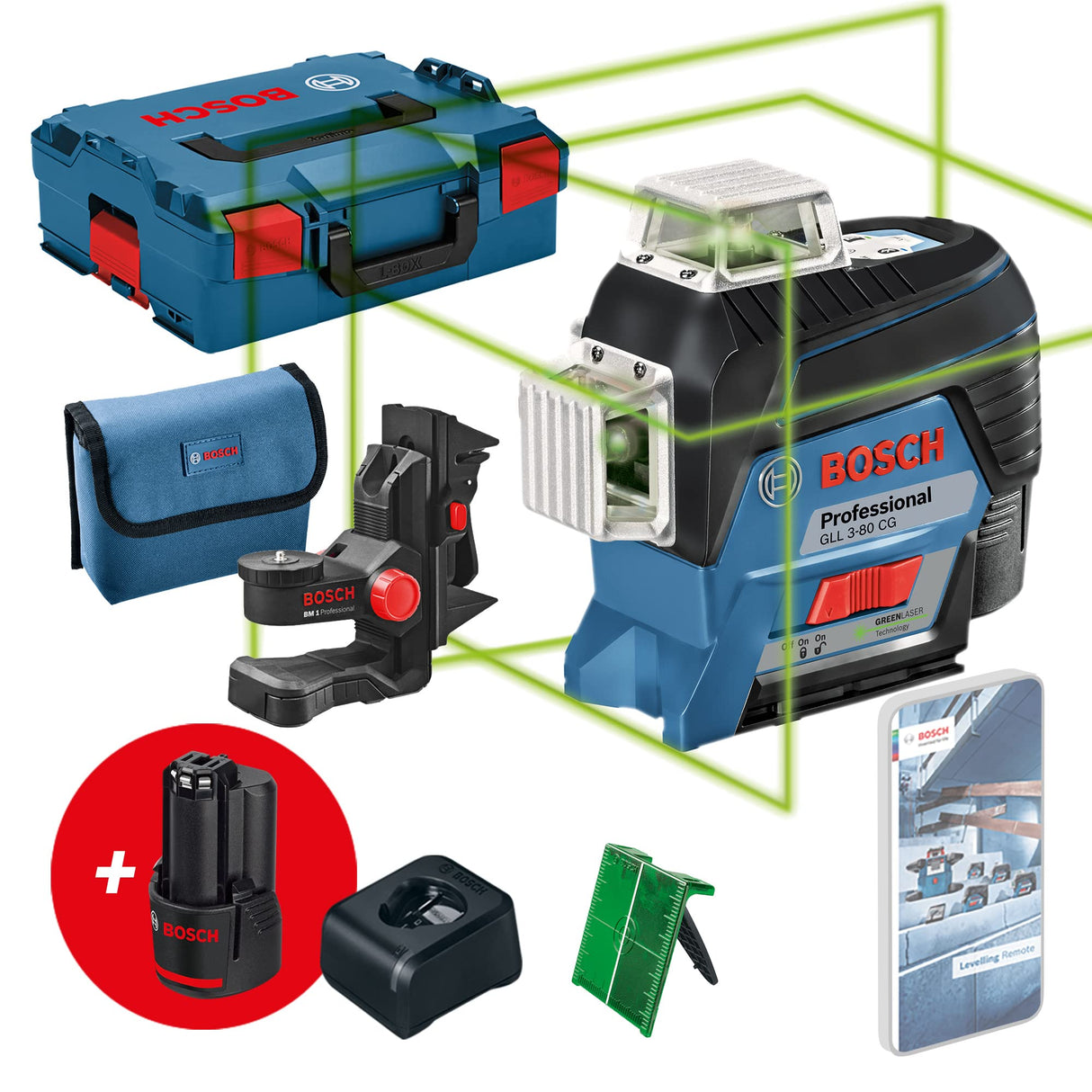 Bosch Professional 12V System nivel láser GLL 3-80 CG (2 baterías de 12 V, cargador, láser verde, función de aplicación, soporte, alcance: hasta 30 m, en L-BOXX) – Amazon Exclusive Set