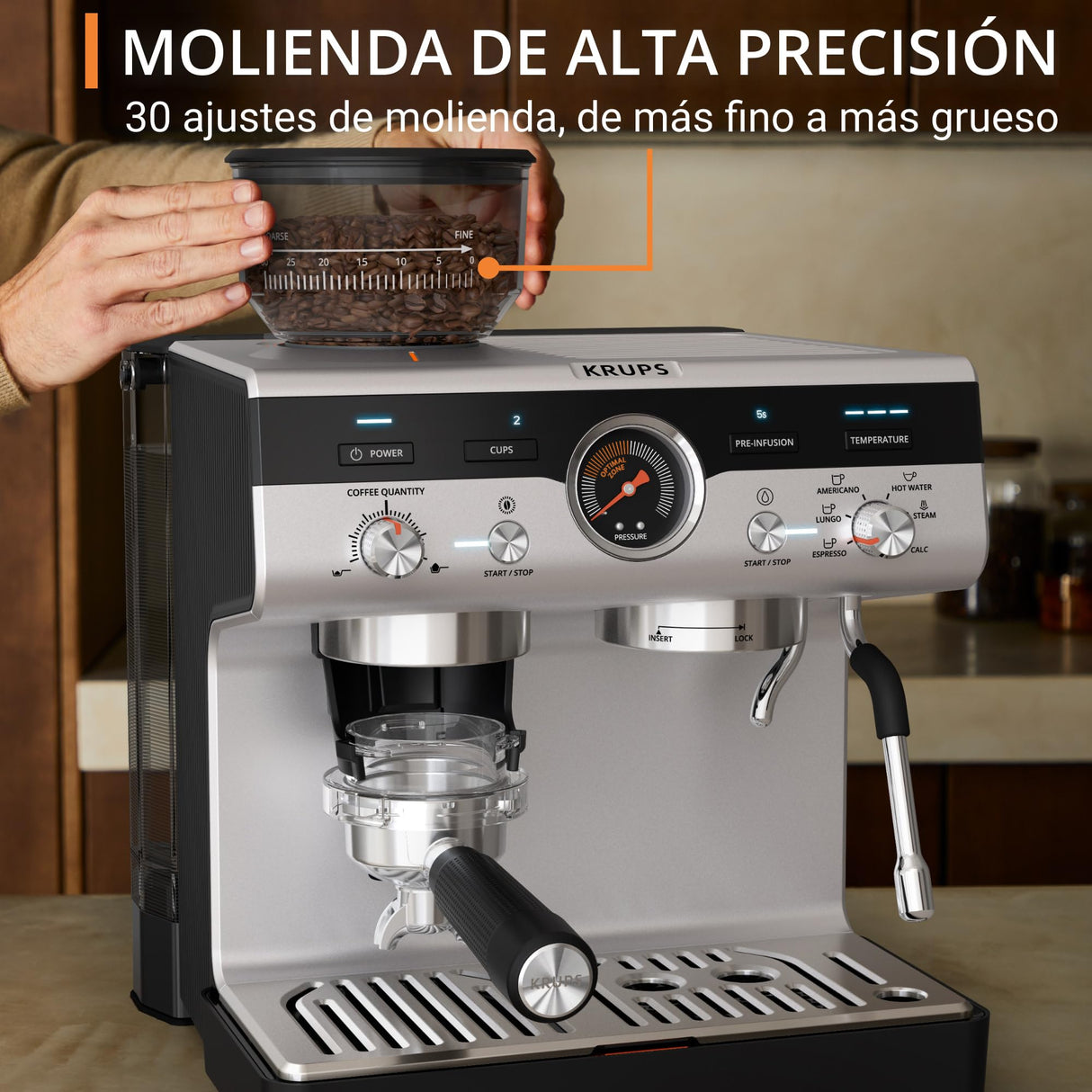 Krups Precision Cafetera profesional para espresso y capuccino,con molinillo integrado y 30 ajustes de molienda,cafetera con ajustes de preinfusión y control de temperatura,Acero inoxidable/Negro