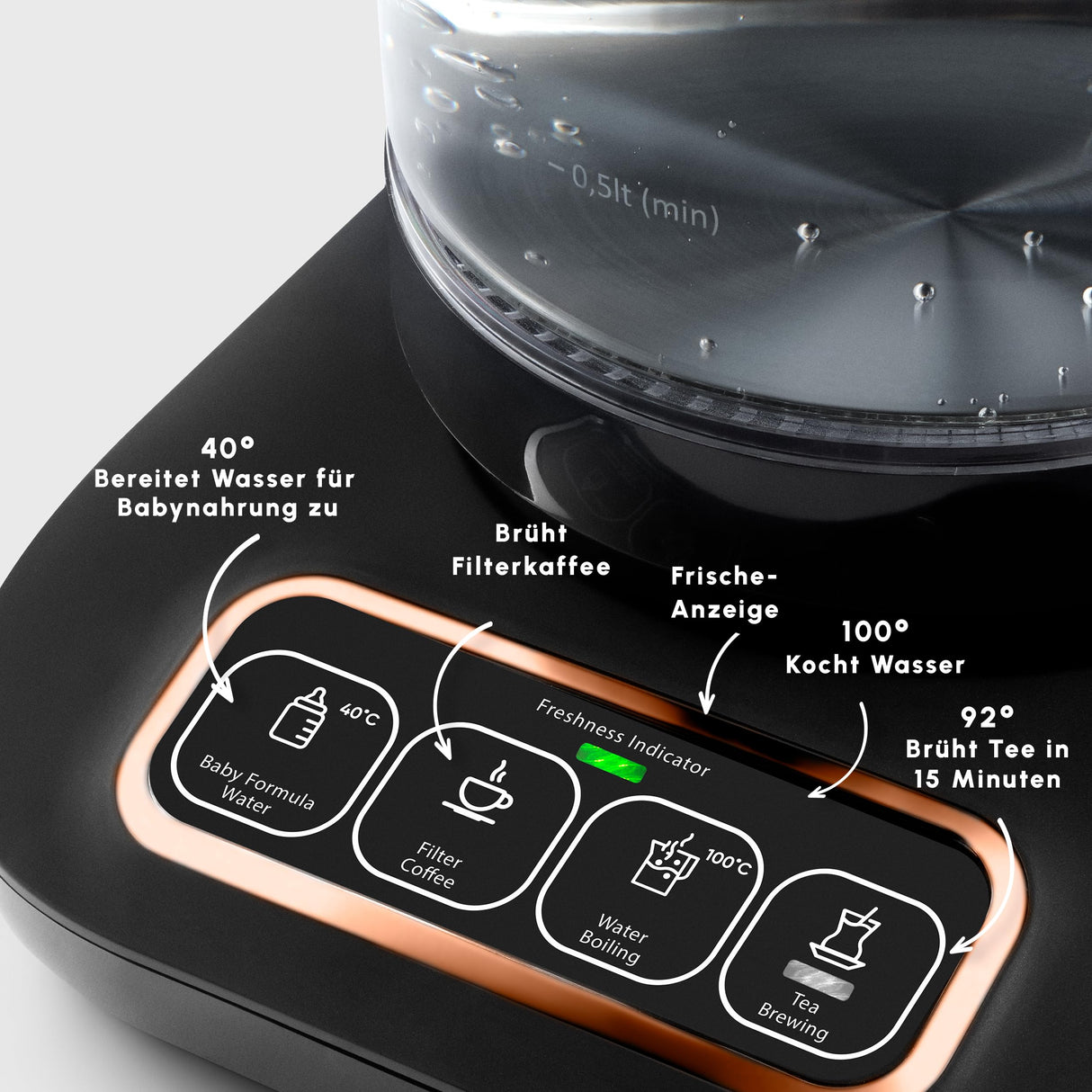 KARACA Robotea Pro Hervidor automático parlante 4 en 1 - Hervidor de agua y cafetera de filtro - 2500 W - Black Copper