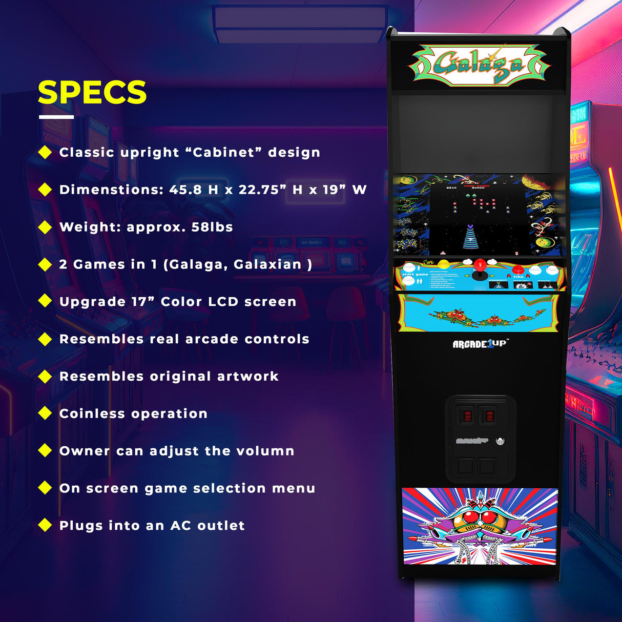 Arcade1Up-GALAGA Deluxe 14 Games in 1, 5 Foot Stand-Up Cabinet Arcade Machine Dominio Videojuegos, Multicolor, M (Tastemakers GAL-A-305427)