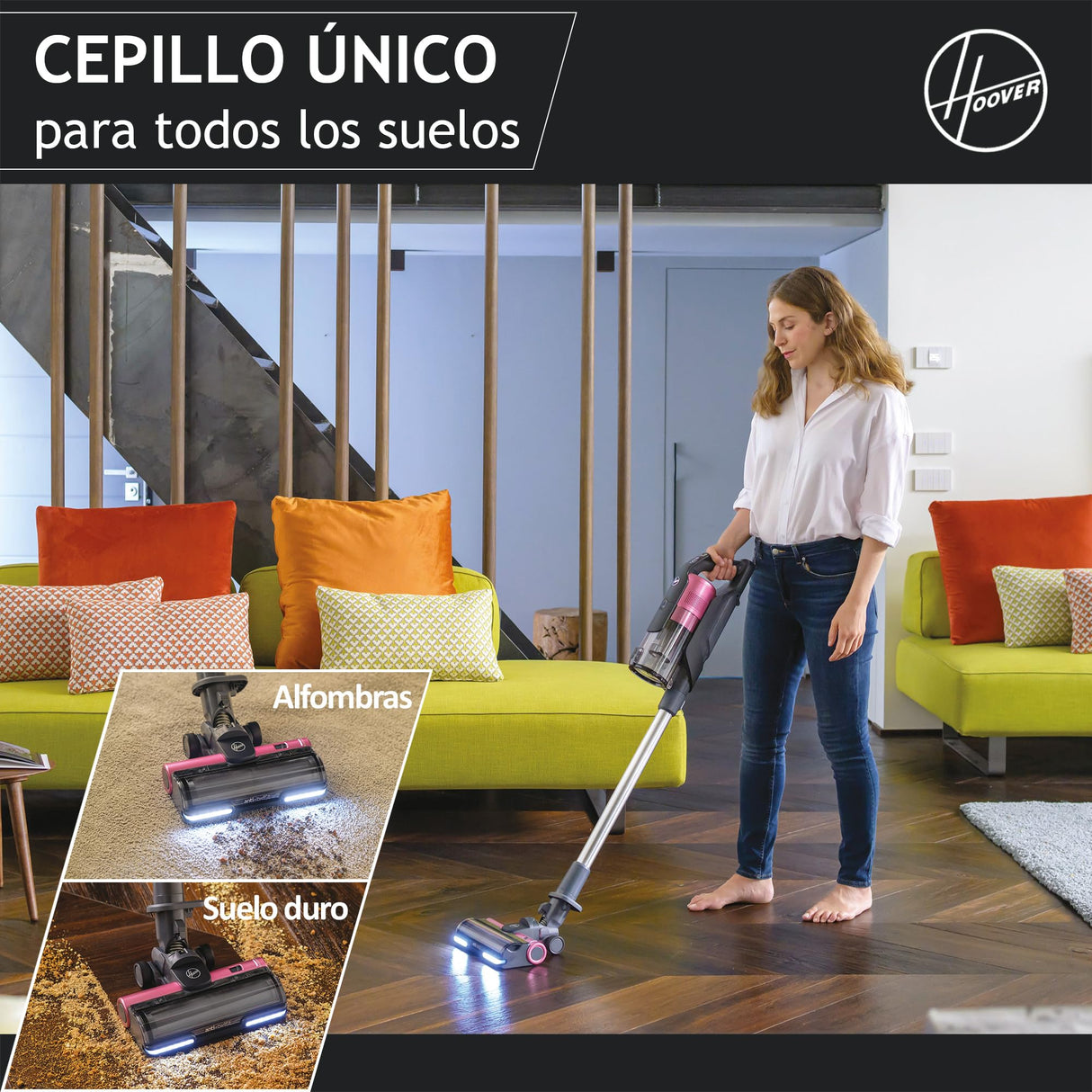 Hoover HF9 Home HF920H, Aspiradora Escoba sin Cable, sin Bolsa, 3 en 1, Escoba, de Mano y Vertical, Cepillo Antienredos, Autonomía 60 min, Color Gris/Rosa