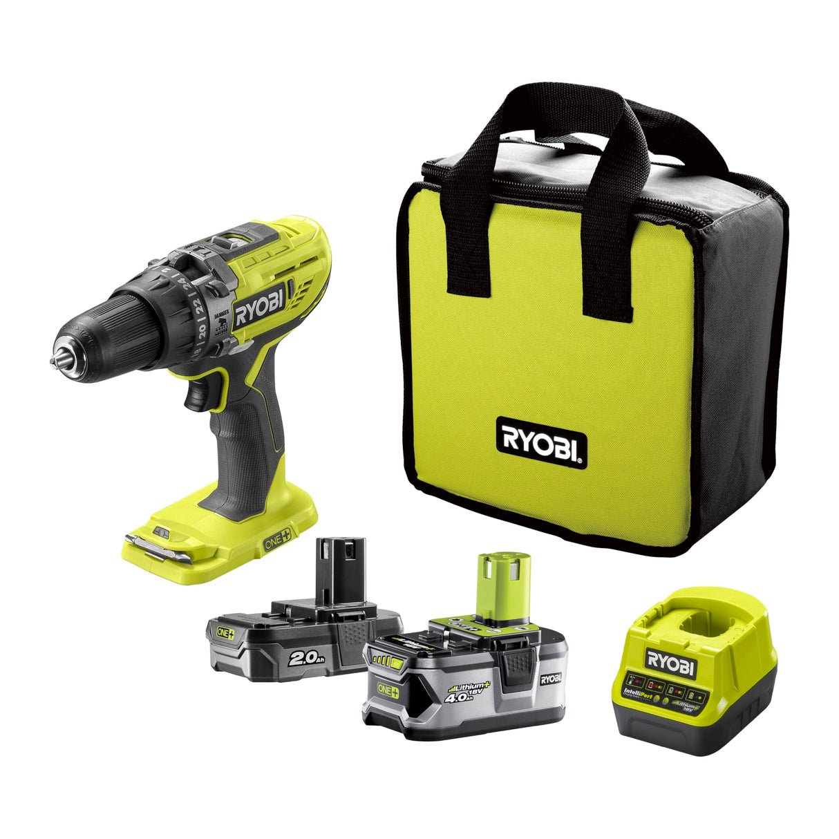RYOBI ONE+ 18V Taladro percutor R18PD3-242S – 50 Nm, mandril 13 mm, 2 velocidades (0–500/0–1.800 rpm), 24 ajustes de par – Kit con baterías 2,0 Ah + 4,0 Ah, cargador y bolsa
