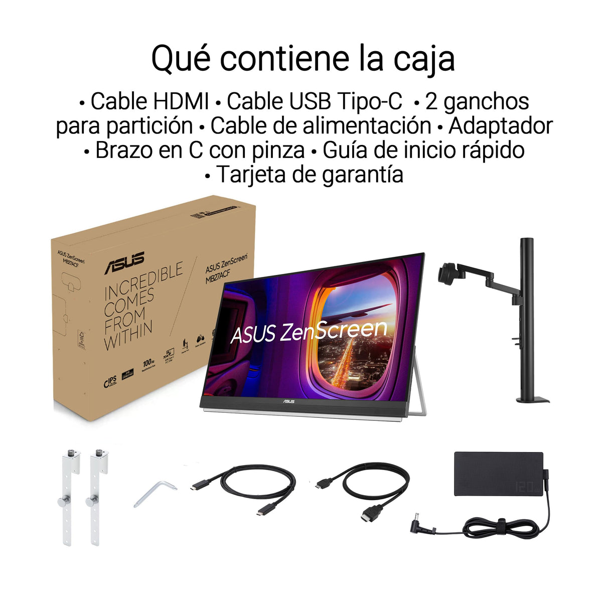 ASUS ZenScreen MB27ACF Monitor portátil de 27 Pulgadas QHD, 2560 x 1440, IPS, 100Hz, USB-C PD 70 W, Altavoces, asa de Soporte, Pinza en C, Gancho de partición, subwoofer, Audio de 2.1 Canales