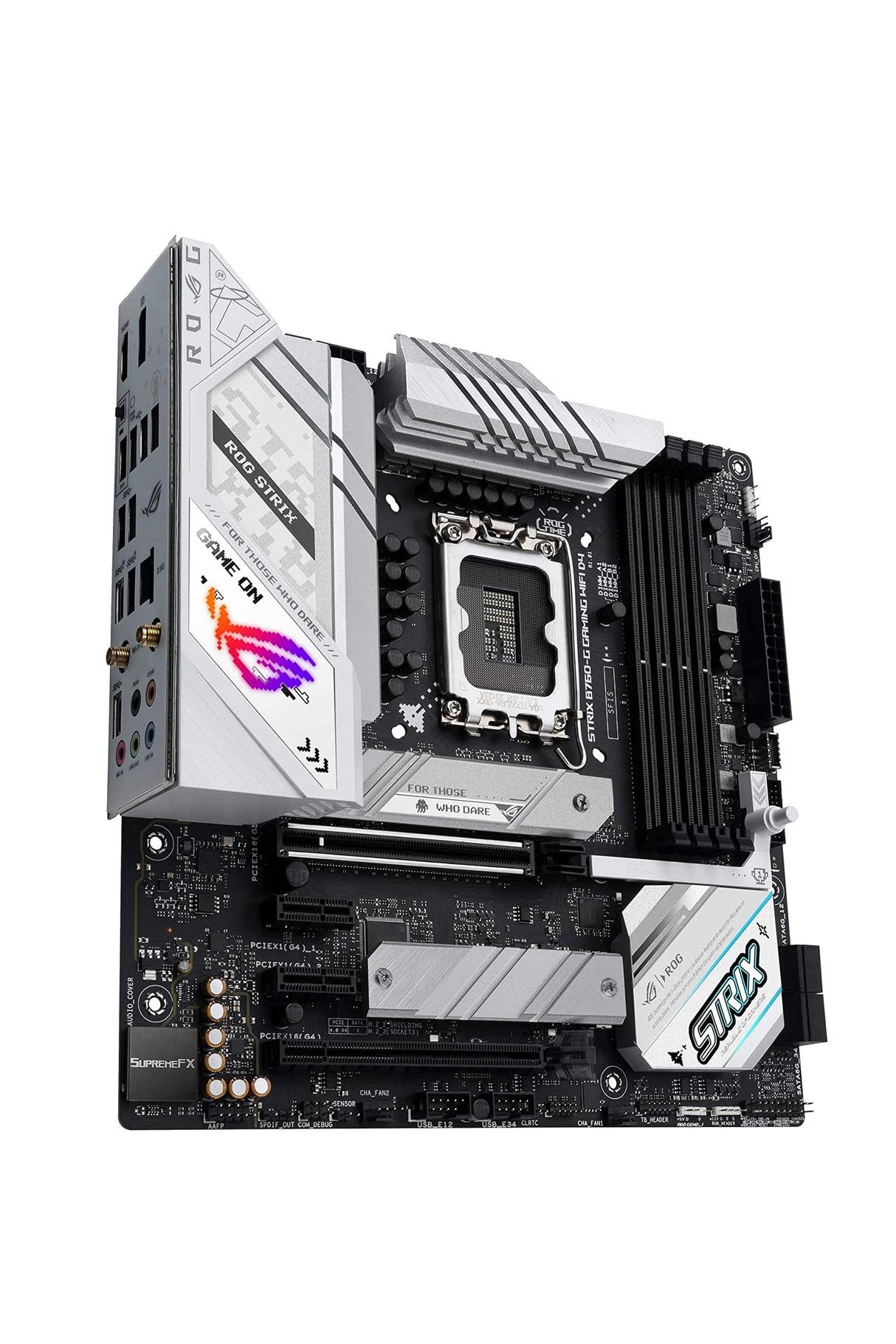 ASUS Placa base ROG STRIX B760-G GAMING WIFI D4 Intel® B760 LGA 1700 mATX, ranura segura PCIe 5.0 x16, 2 ranuras PCIe 4.0 M.2, WiFi 6E, Ethernet 2.5G, USB 3.2 Gen 2x2 Type-C®, Aura Sync RGB, blanca