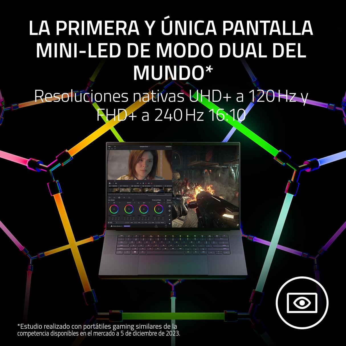 Razer Blade 16 (2024) - Portátil Gaming de 16 Pulgadas Mini-LED Modo dua - Nvidia Geforce RTX4070 - Intel i9-14900HX - 16" UHD+ 120Hz & FHD+ 240Hz - Snap Tap (16 GB DDR5, 2TB SSD) Español | Negro