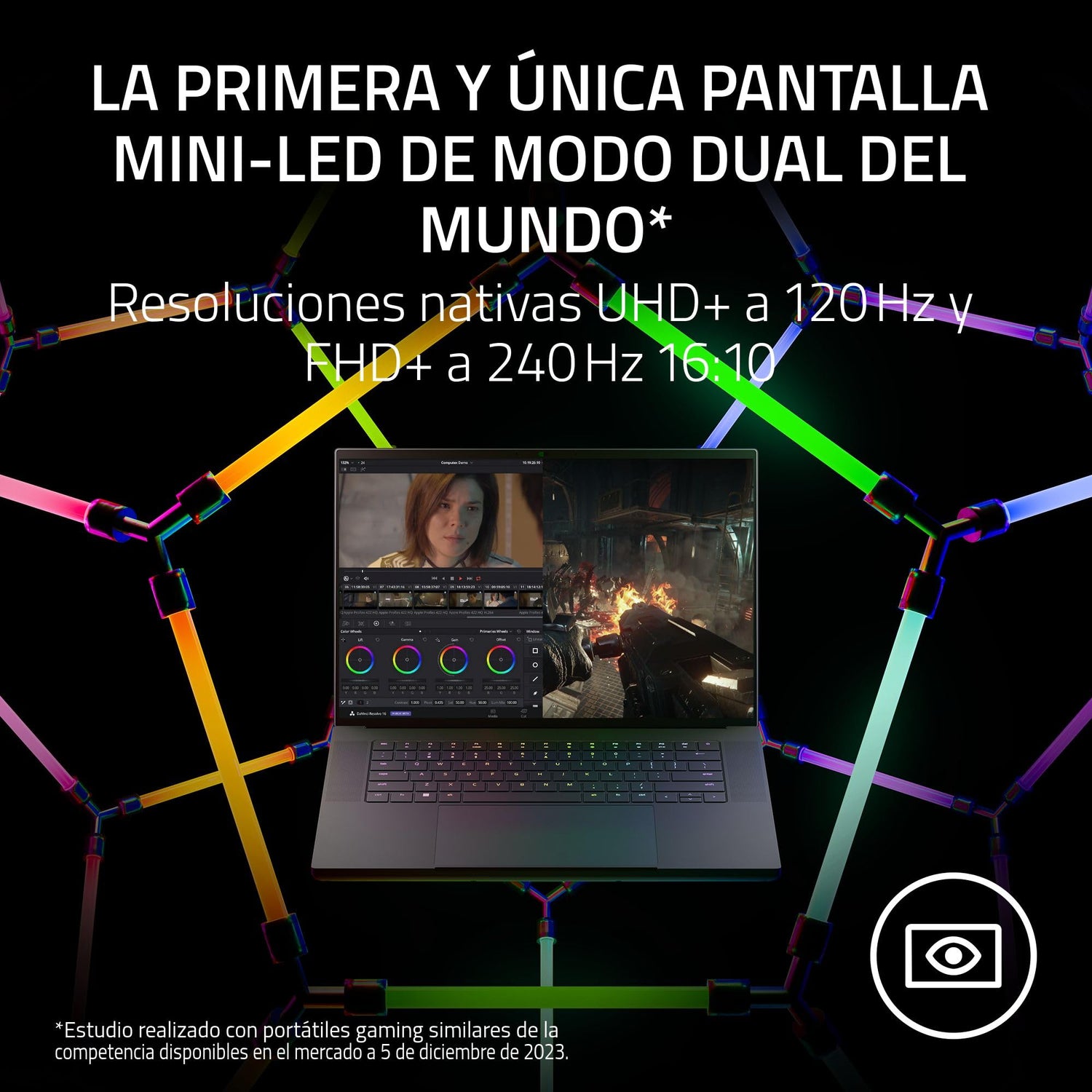Razer Blade 16 (2024) - Portátil Gaming de 16 Pulgadas Mini-LED Modo dua - Nvidia Geforce RTX4070 - Intel i9-14900HX - 16" UHD+ 120Hz & FHD+ 240Hz - Snap Tap (16 GB DDR5, 2TB SSD) Español | Negro