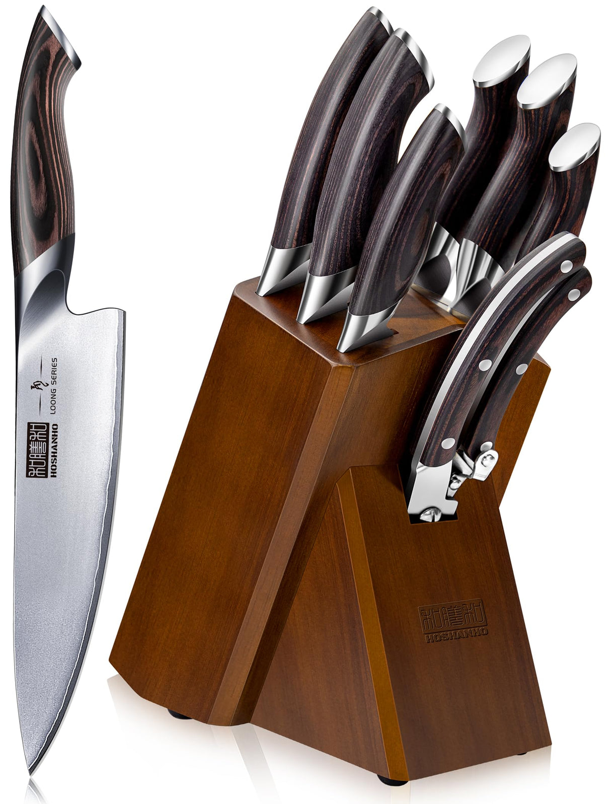 HOSHANHO Juego de Cuchillos de Cocina de 8 Piezas, Juegos de Cuchillos con Bloque de Japoneses Super Steel, Juego de Cuchillos de Chef Profesional Ultra Afilado con Tijeras