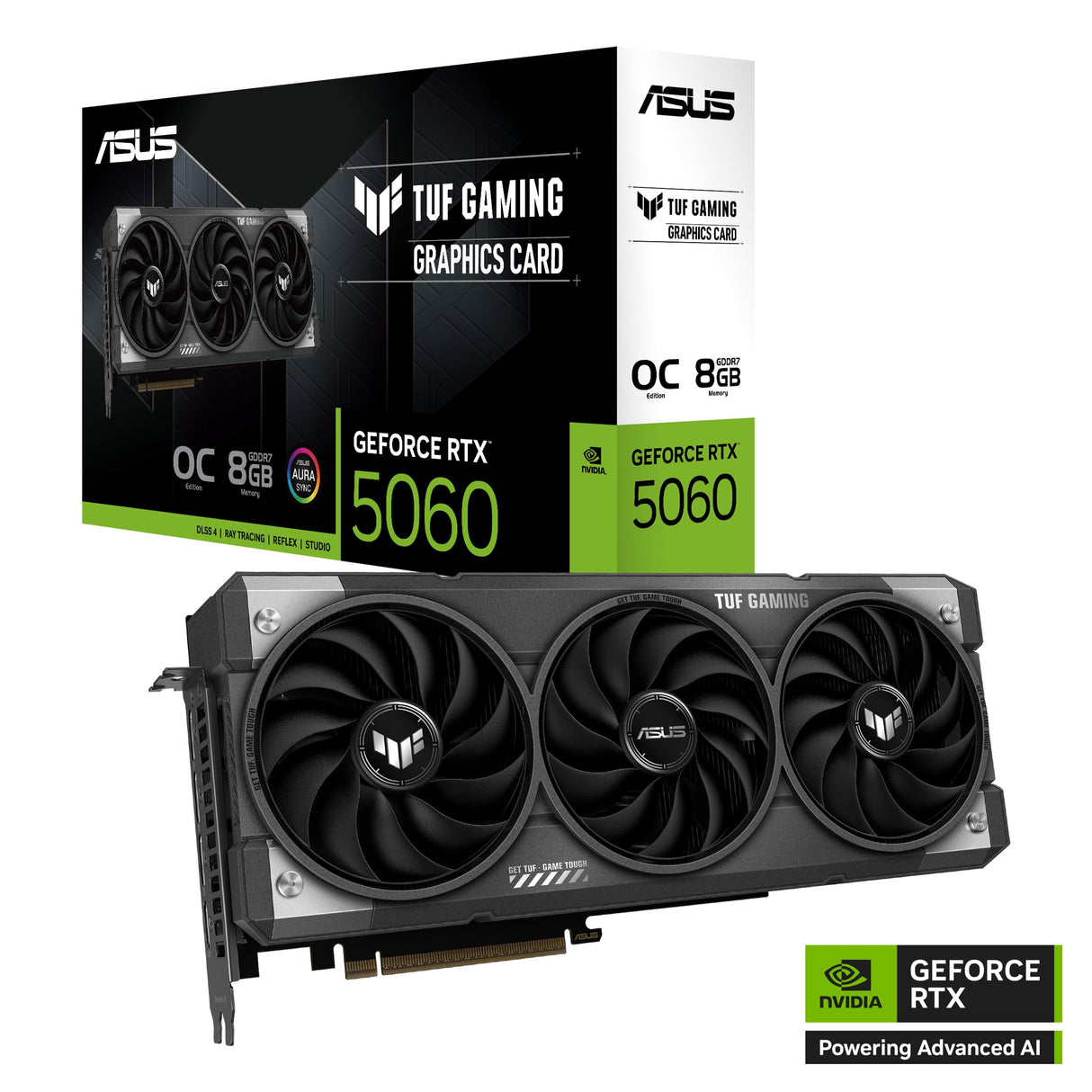 ASUS TUF Gaming GeForce RTX 5060 8 GB GDDR7 OC Edition Tarjeta gráfica Gaming (PCIe 5.0, HDMI/DP 2.1, 3.1 Ranuras, Grado Militar, Revestimiento Protector de la PCB, Ventiladores Axial Tech)