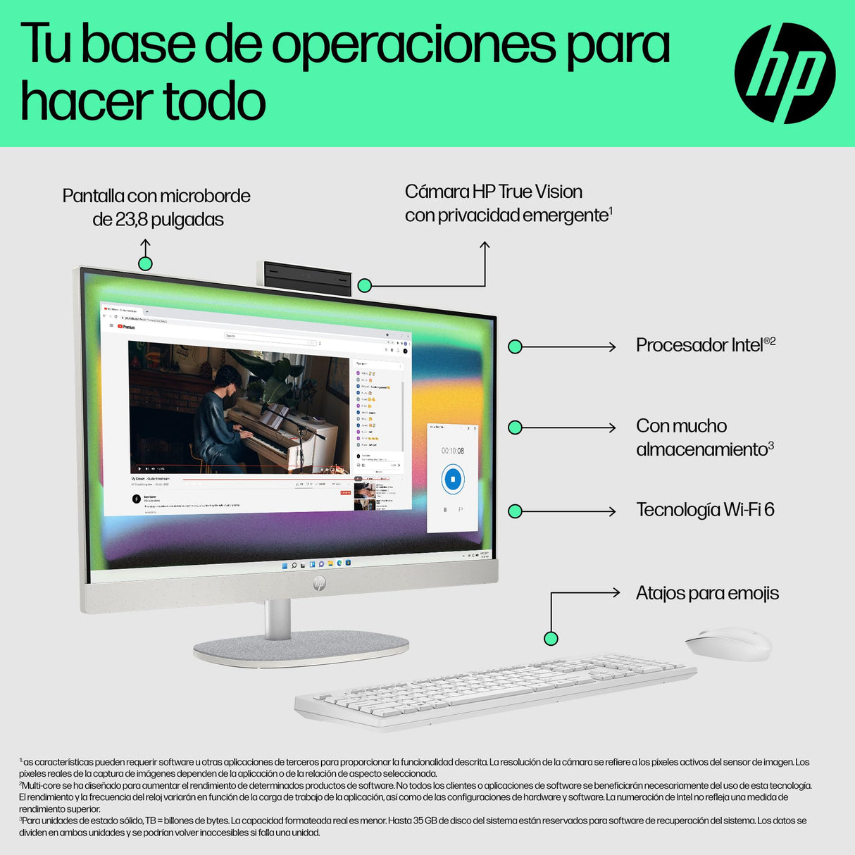 HP All-in-One 24-cr0007ss - Ordenador de sobremesa de 23,8" FHD (AMD Ryzen 5 7520U, 16GB RAM, 512GB SSD, AMD Radeon Graphics, Windows 11 Home) Blanco - Teclado QWERTY Español
