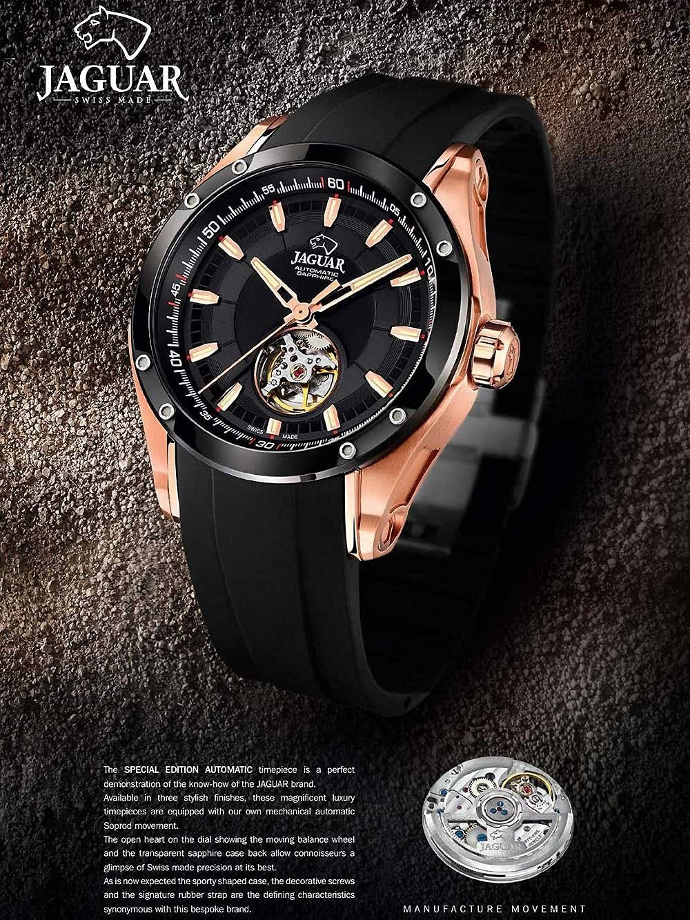 JAGUAR Reloj Modelo J814/1 de la colección AUTOMATICO, Caja de 45 mm Correa de Caucho Negro para Caballero