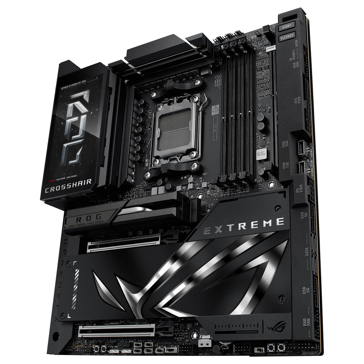 ASUS ROG Crosshair X870E Extreme - Placa Base AMD E-ATX, 20+2+2 etapas de Potencia, DDR5, PCIe 5.0 Compatible con GPU de próxima generación, Cinco M.2, Wi-Fi 7, ASUS AI Advisor, LCD de 5 Pulgadas