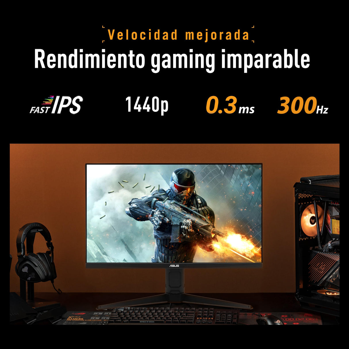ASUS TUF Gaming VG27AQML5A Monitor de 27 Pulgadas QHD Fast IPS, 300Hz, 0.3ms, G-Sync y AMD FreeSync Premium, ELMB Sync, VESA, DisplayHDR 400, 95% DCI-P3, DisplayWidget Center, IA Gaming