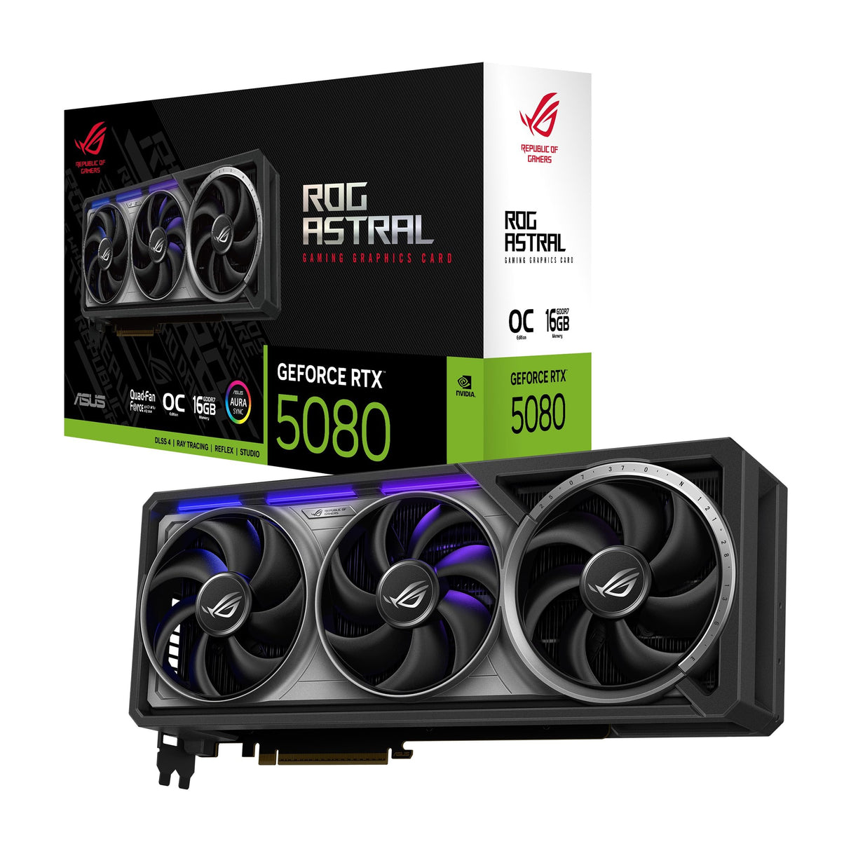 ASUS ROG Astral GeForce RTX 5080 OC Edition Tarjeta gráfica Gaming (PCIe 5.0, 16GB GDDR7, HDMI/DP 2.1, 3.8 Ranuras, 4 Ventiladores, Axial-Tech, cámara de Vapor)