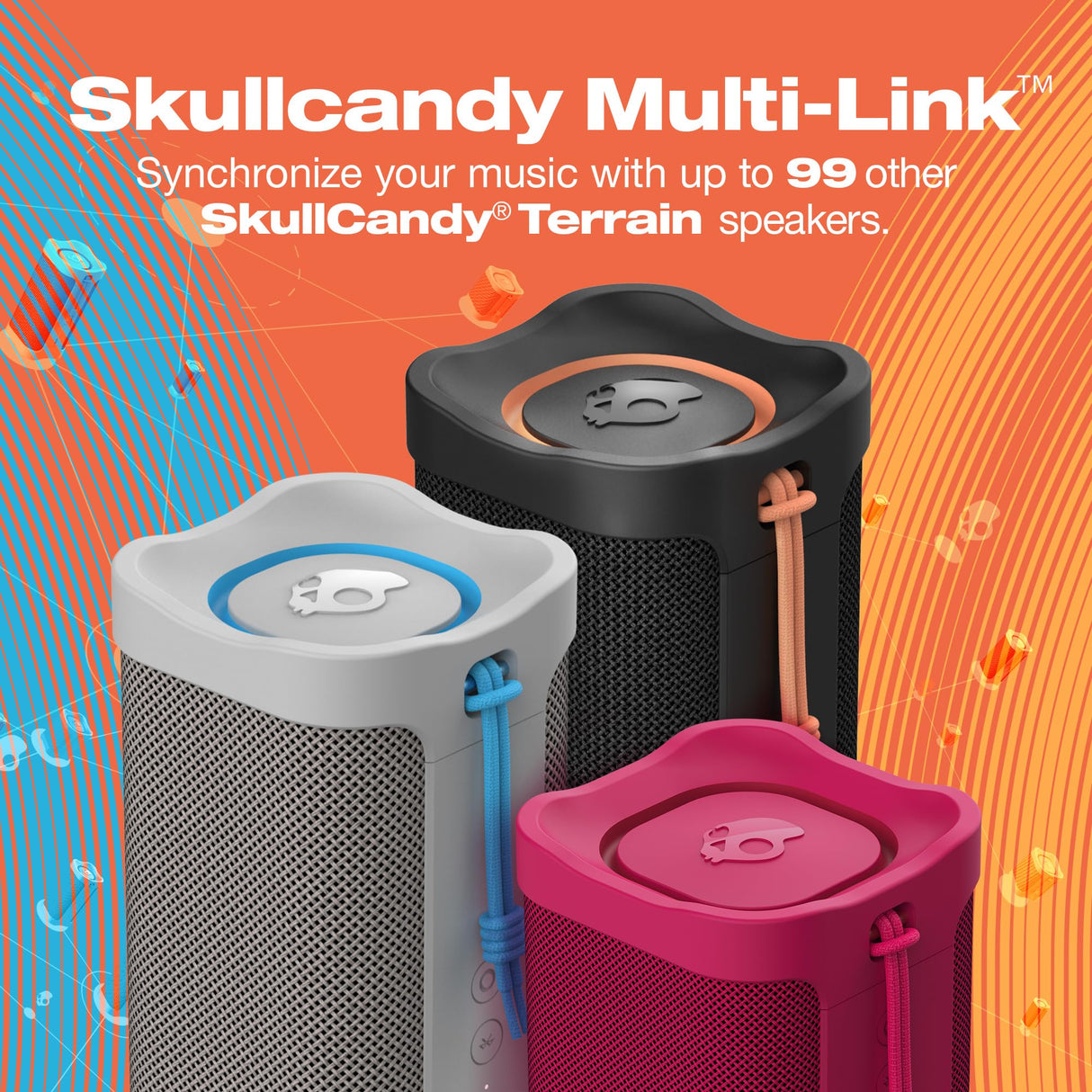 Skullcandy Terrain Mini Altavoz Portátil Inalámbrico con Bluetooth, Impermeabilidad IPX7, 14 Horas de Batería, True Wireless Stereo y Correa Integrada para Viajes y Uso en Exteriores - Hueso/Naranja