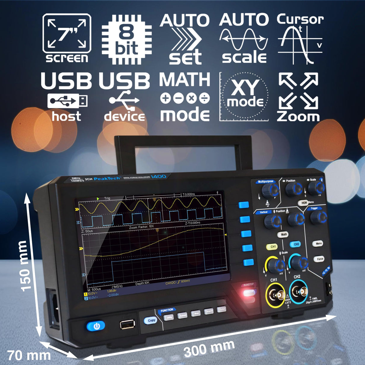 PeakTech, 1400, Osciloscopio digital compacto de 2 canales, Osciloscopio de 5 MHz de ancho de banda, velocidad de muestreo rápida de 100 MS/s, conexión USB, incluye software para PC