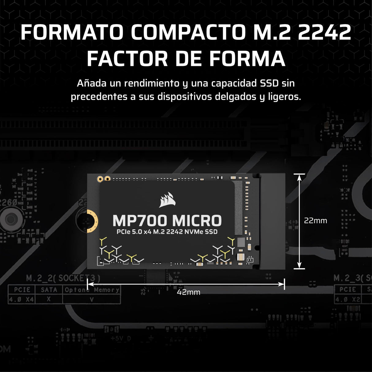 Corsair MP700 Micro 2TB PCIe 5.0 NVMe M.2 2242 SSD – hasta 10.000 MB/s de Lectura, 8.500 MB/s de Escritura – Velocidad Gen5 para Portátiles y Mini PC – Negro