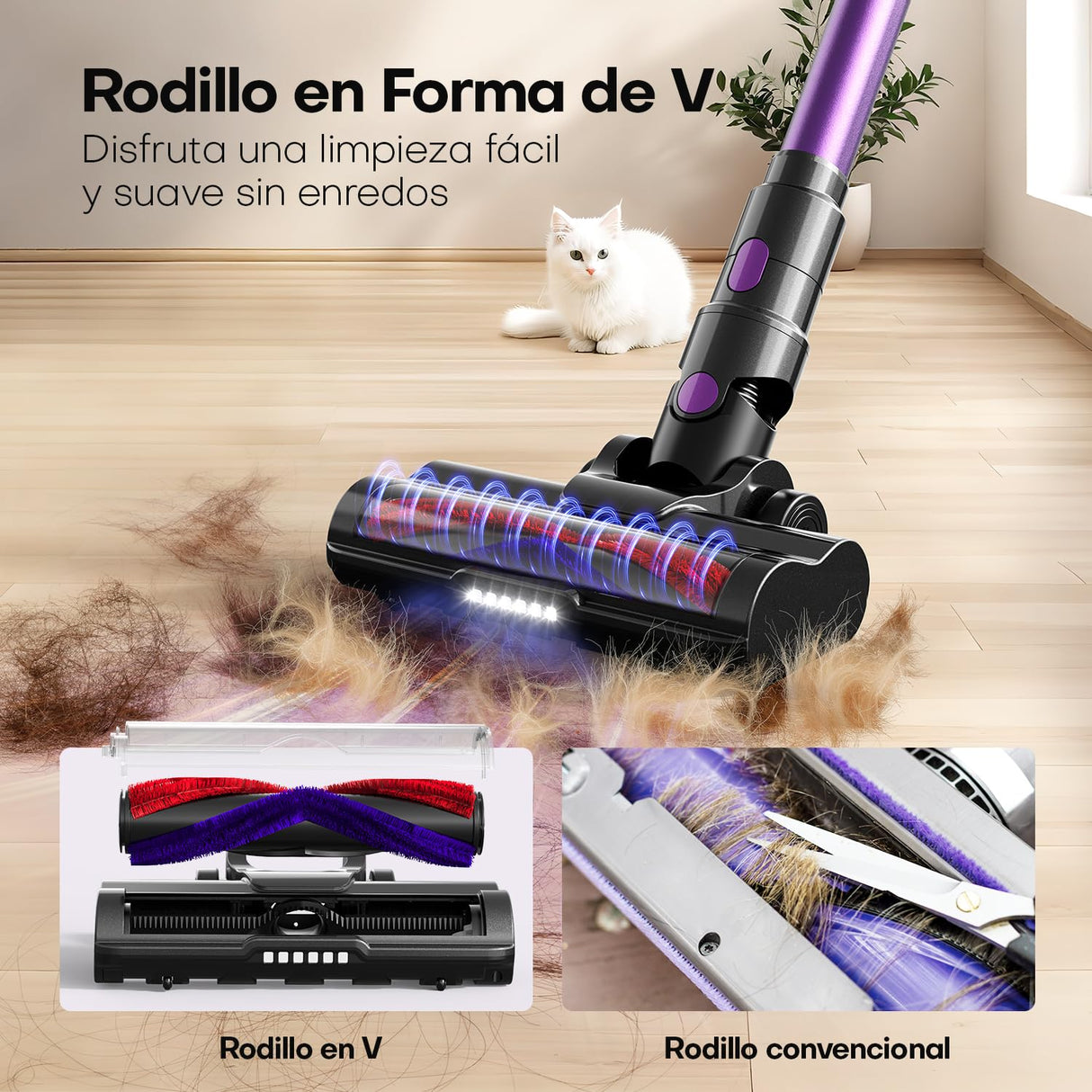 AROEVE 500W/45KPA/60min Aspiradora Escoba sin Cable con Pantalla LED, Modo Auto, Filtro 7 Etapas, Motor Brushless y Cepillo V para Suelos, Pelos, Alfombras, 500 W, 1 Liter, Morado
