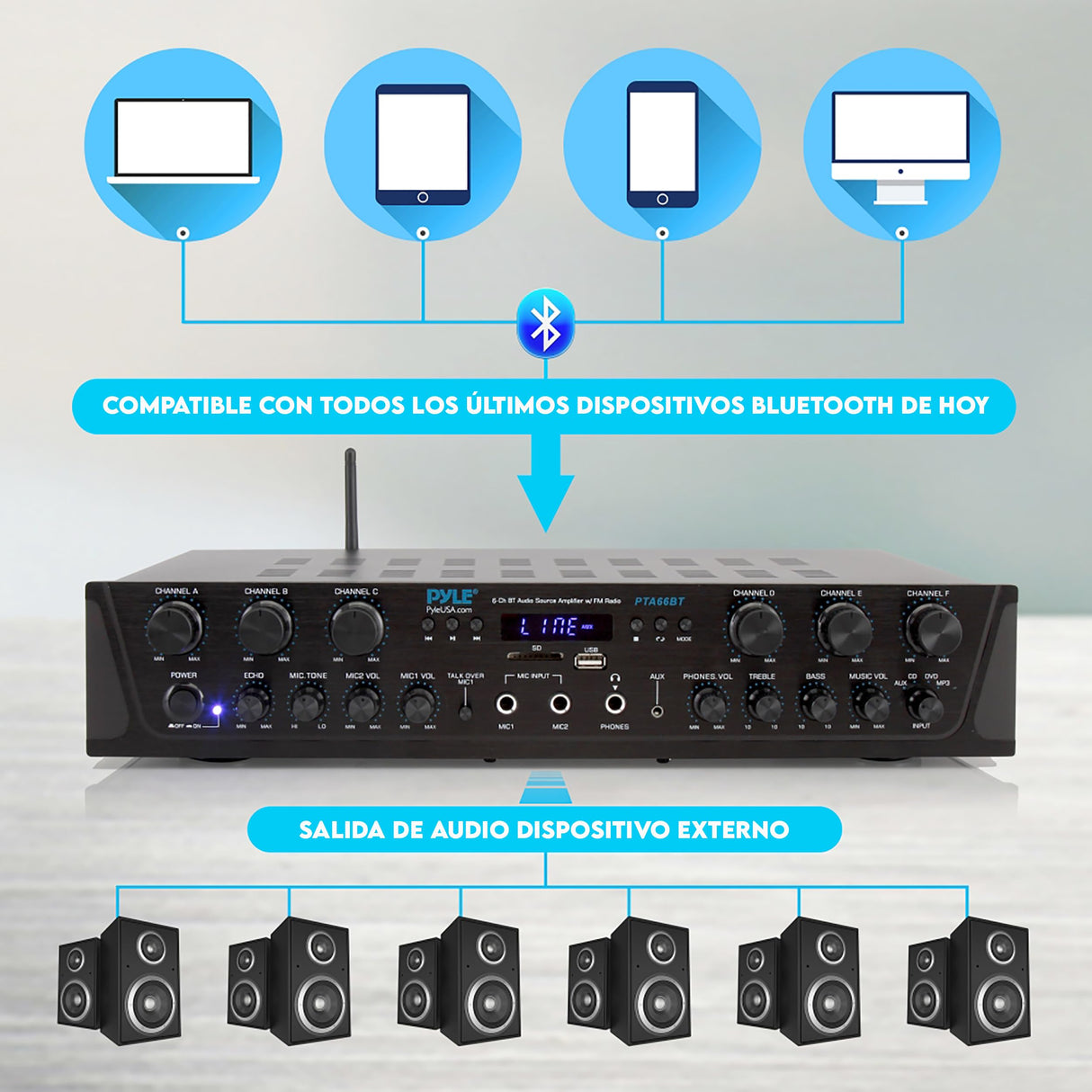 Pyle amplificador de sonido, Para el hogar, 600W, Bluetooth, Inalambrico, Estereo, 6 canales, Digital LCD, Conector para auriculares, Entrada de microfono de ¼", USB, SD, AUX, RCA, Radio FM