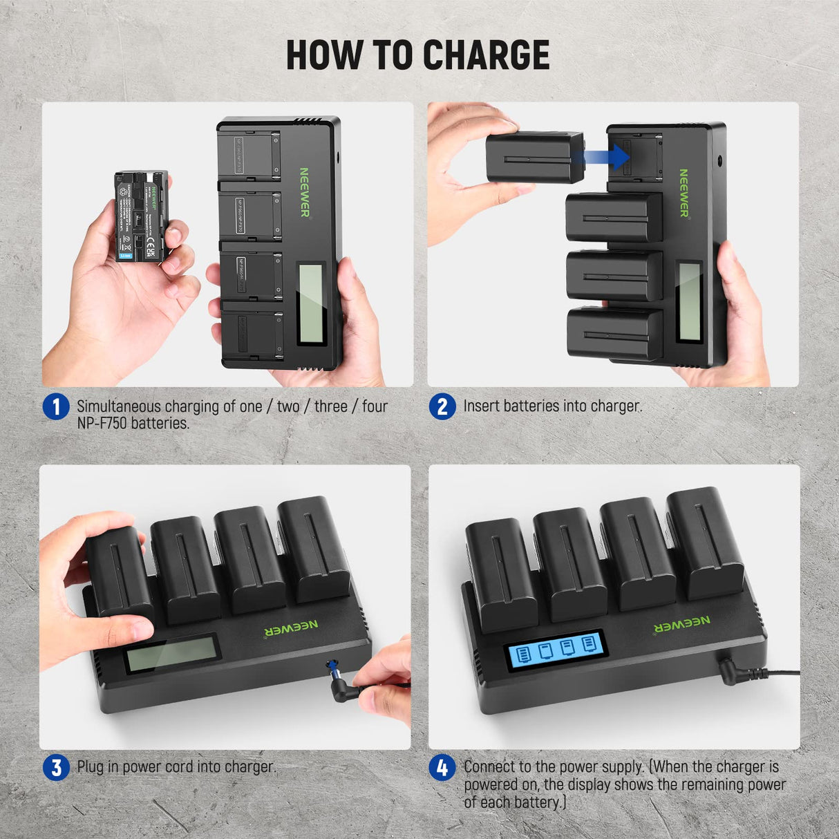 NEEWER 4pcs NP-F750 7.4V 5600mAh Batería de Repuesto con Cargador de 4 Canales y Adaptador de Corriente, Compatible con NP-F550/750/770/970 FM500H QM71D QM91D, Monitores de Campo, Luces de Video