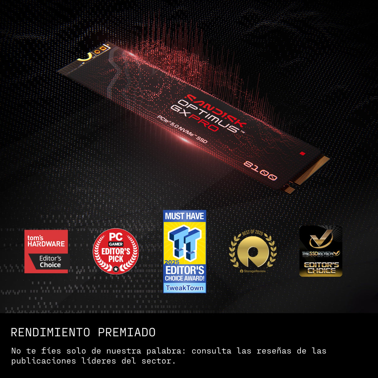 SANDISK Optimus GX Pro 8100 PCIe Gen 5 NVMe SSD 8 TB (velocidades de Lectura/Escritura secuenciales de hasta 14 900/13 200 MB/s, TLC 3D CBA NAND, hasta 4 800 TBW)