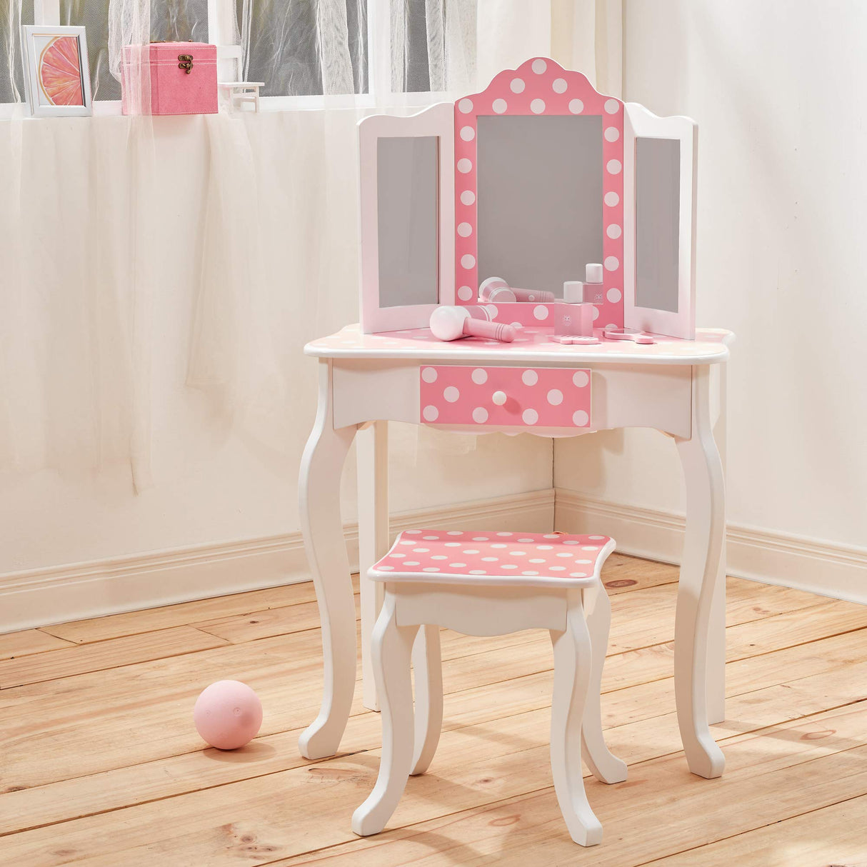 Mesa de Tocador Rosa de Madera con Espejo y Taburete de Teamson Kids TD-11670F