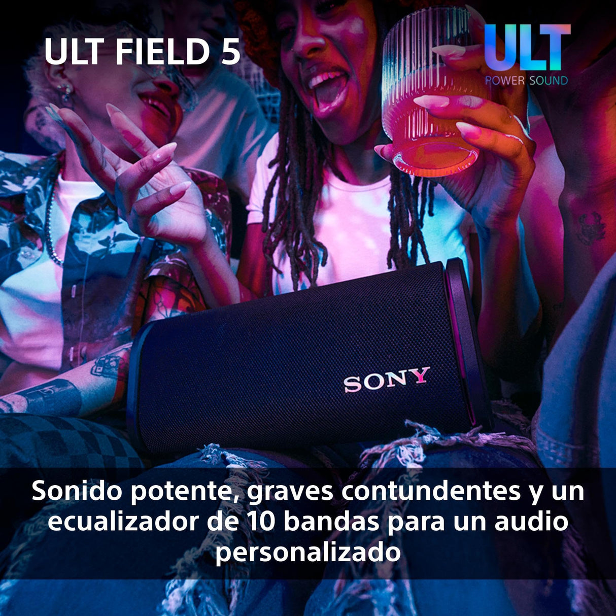 Sony ULT Field 5, Altavoz portátil Bluetooth Potente, 25 H de batería, 2 Modos ULT Power Sound, Resistente al Agua y al Polvo, 360 Luces, Correa Extraible para el Hombro, Compacto, Negro
