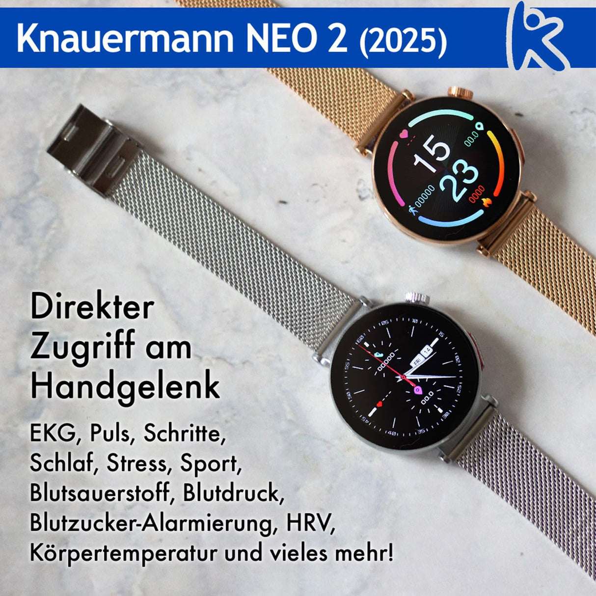 Knauermann Neo 2 (2025) - Oro Redondo - Reloj de Salud Reloj Inteligente - ECG - Función HRV - Bluetooth BT - Apnea del Sueño - Presión Arterial - Pulsera de Piel de Vaca Marrón, Durchmesser: 40mm;